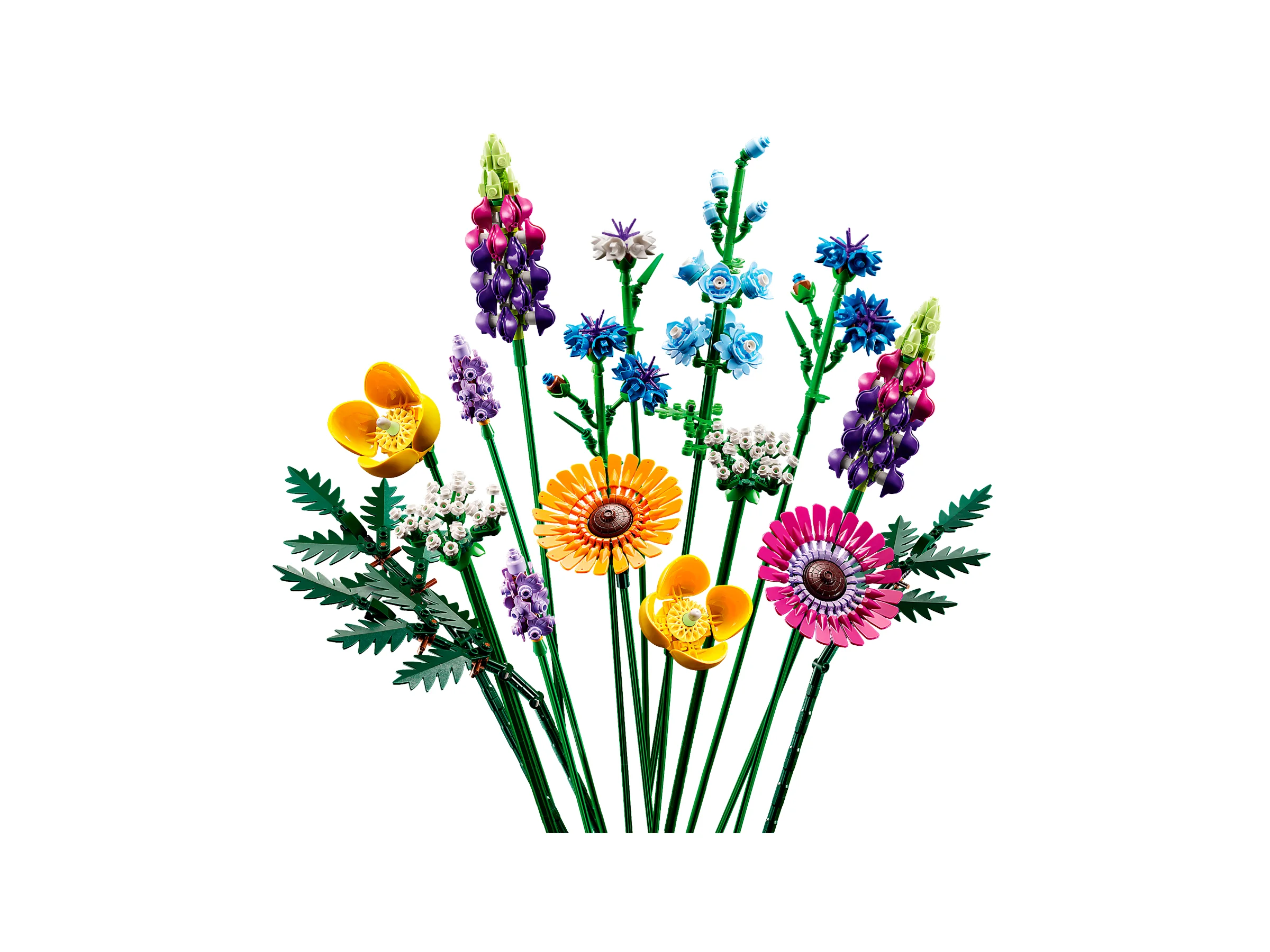 Imagine cu un buchet LEGO de flori sălbatice, colorate și detaliate.