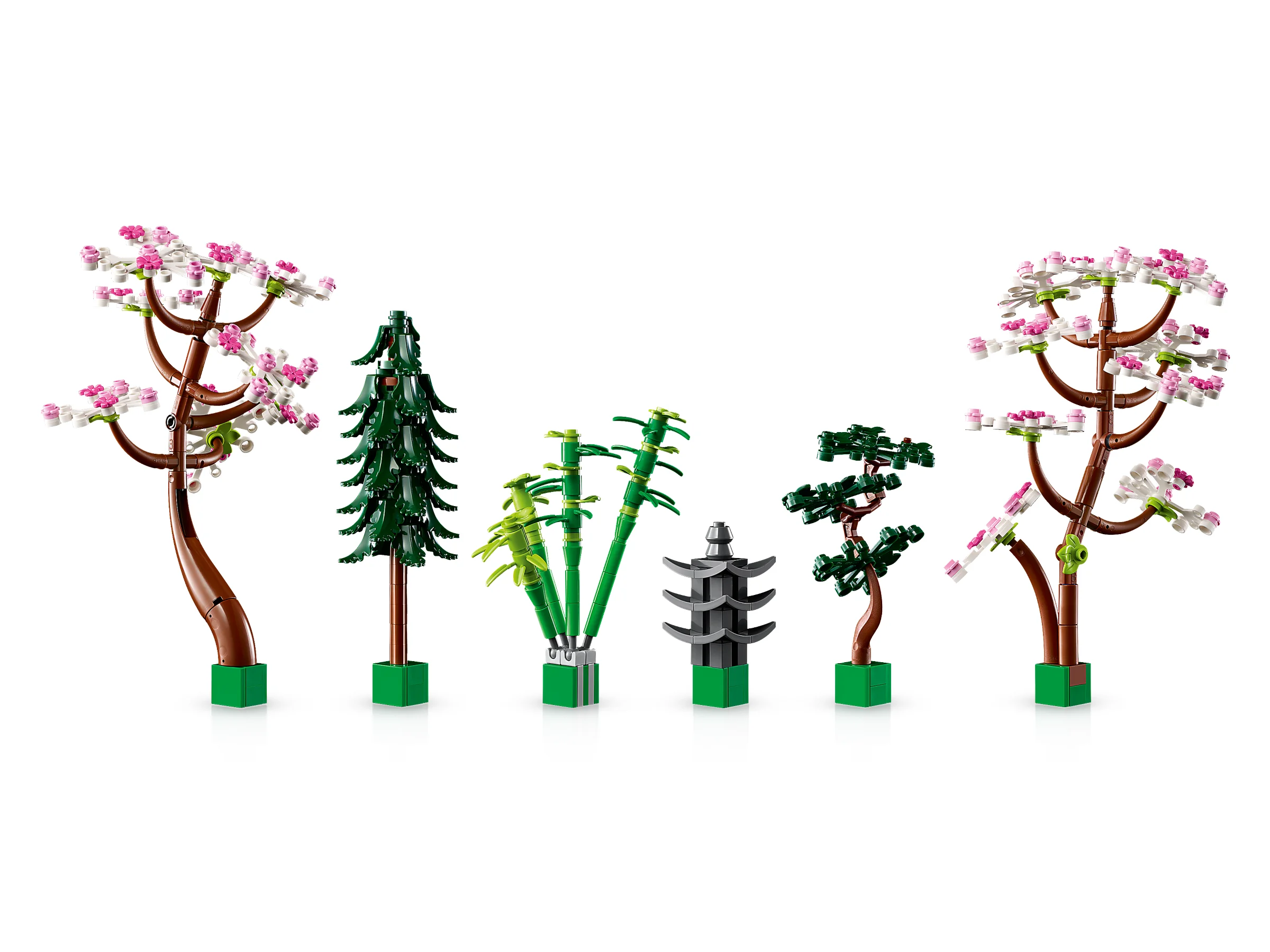 Prezentare detaliată a diverselor plante LEGO din setul Grădina Tranquilă.