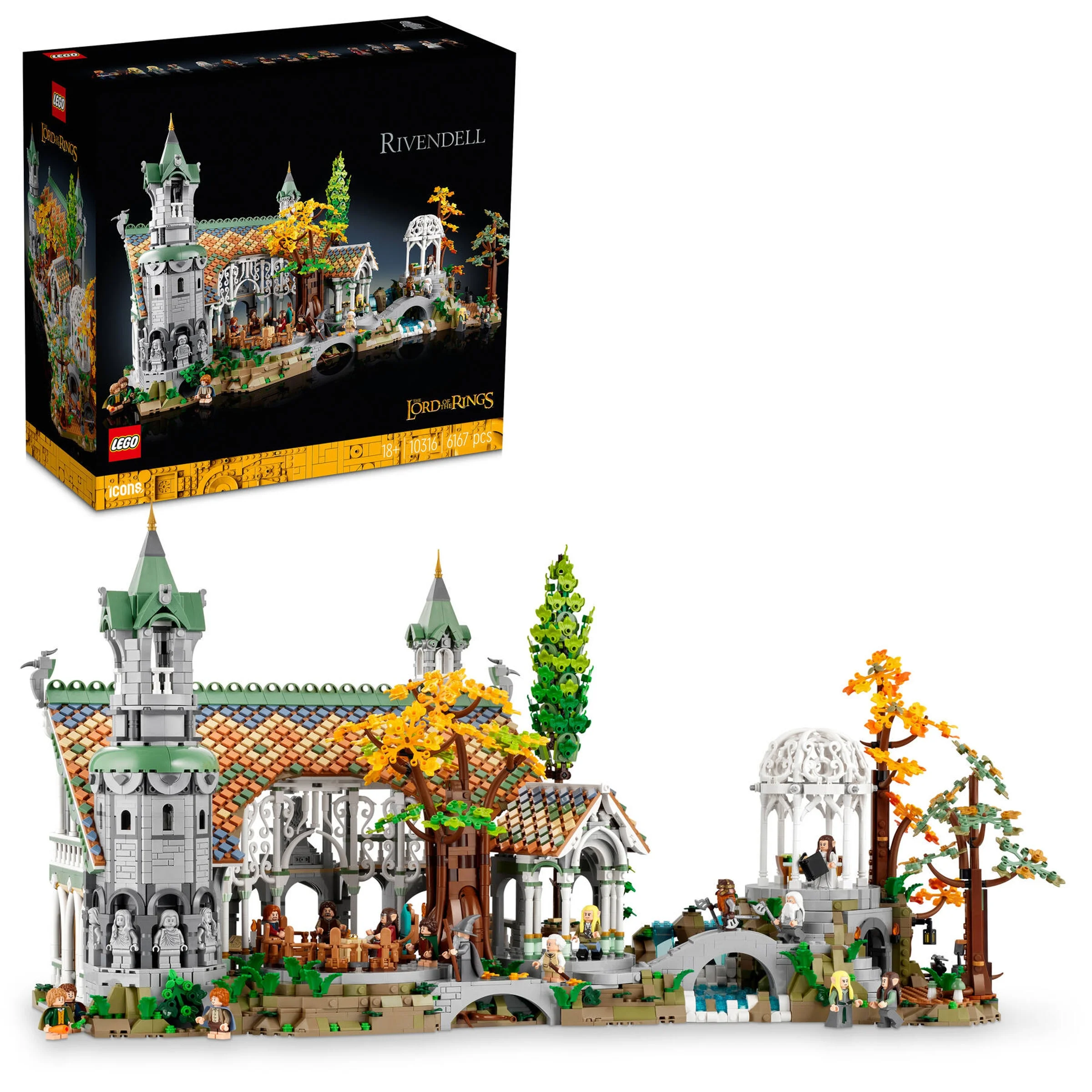 Rivendell LEGO 10316: model și cutie prezentate, detaliind arhitectura și personajele.