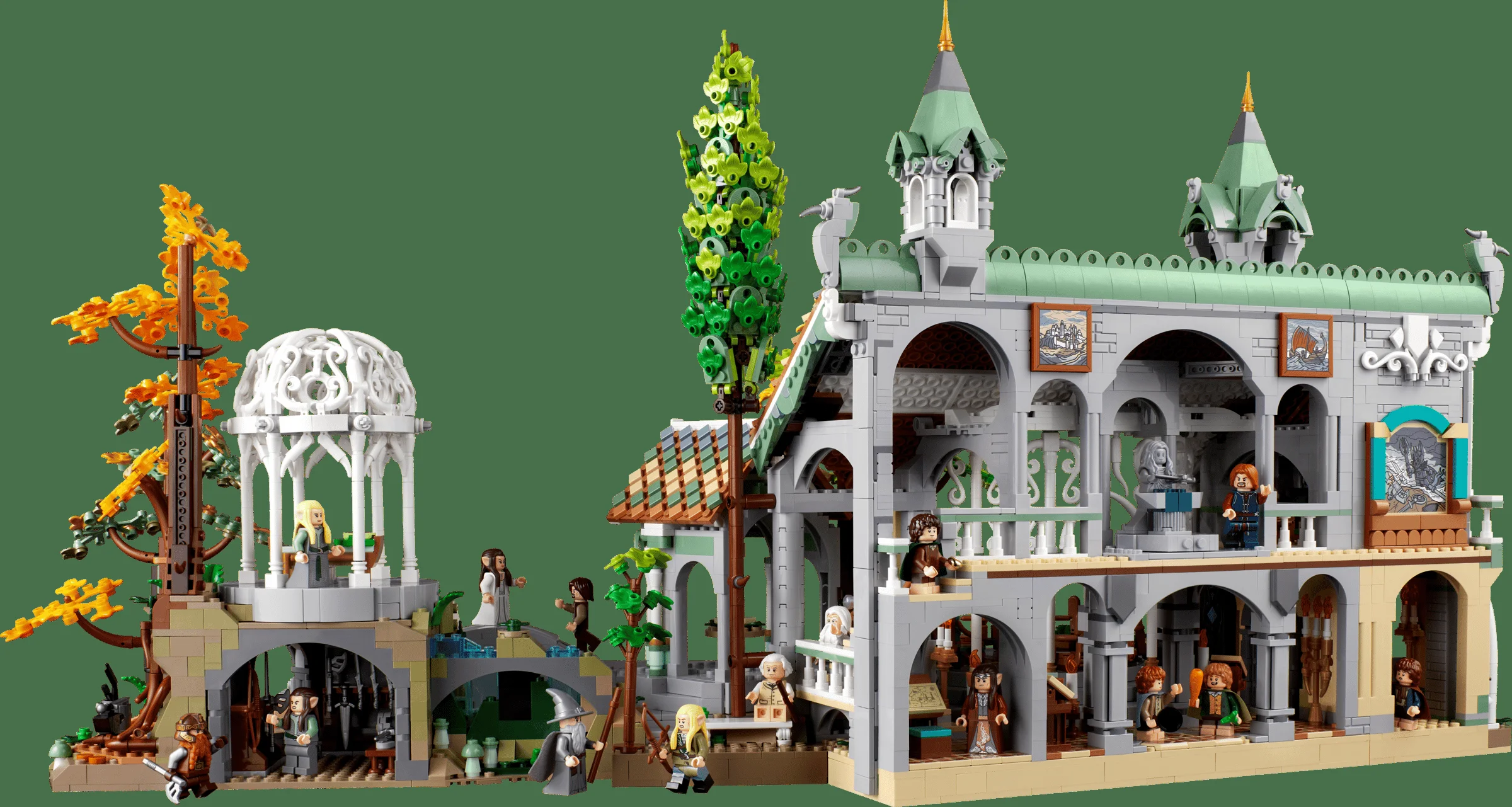 Rivendell LEGO, o scenă detaliată cu minifigurinele și arhitectura elfică.