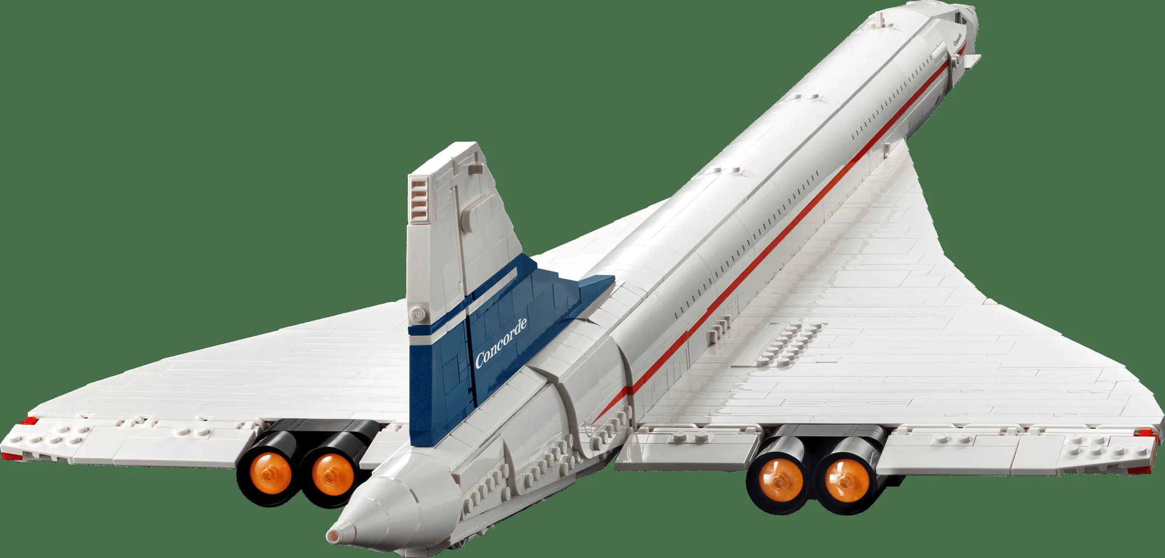 Imagine detaliată a modelului LEGO Concorde, evidențiind aripile delta și motoarele cu reacție.