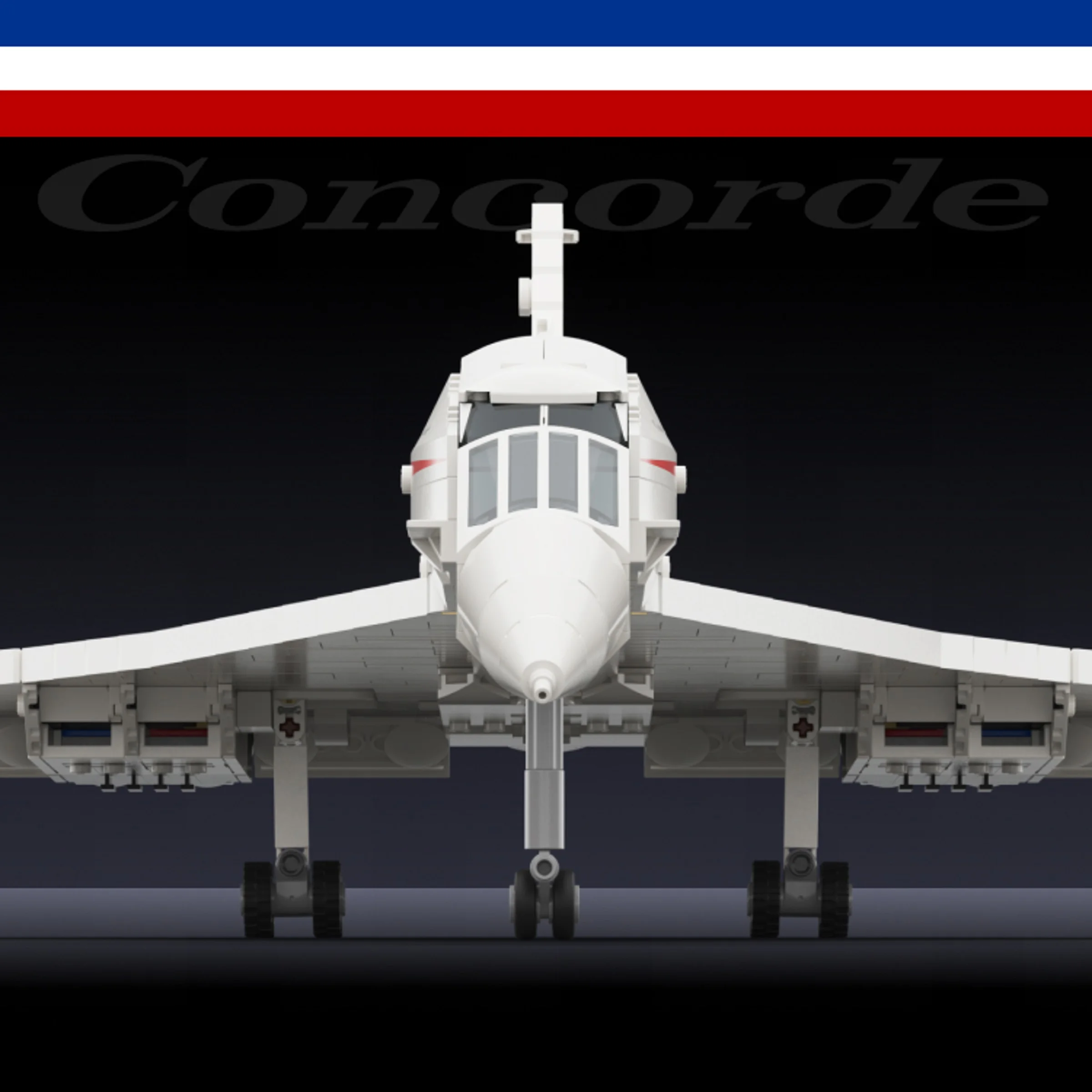 Imagine frontală cu modelul LEGO Concorde 10318, detaliat și impresionant.