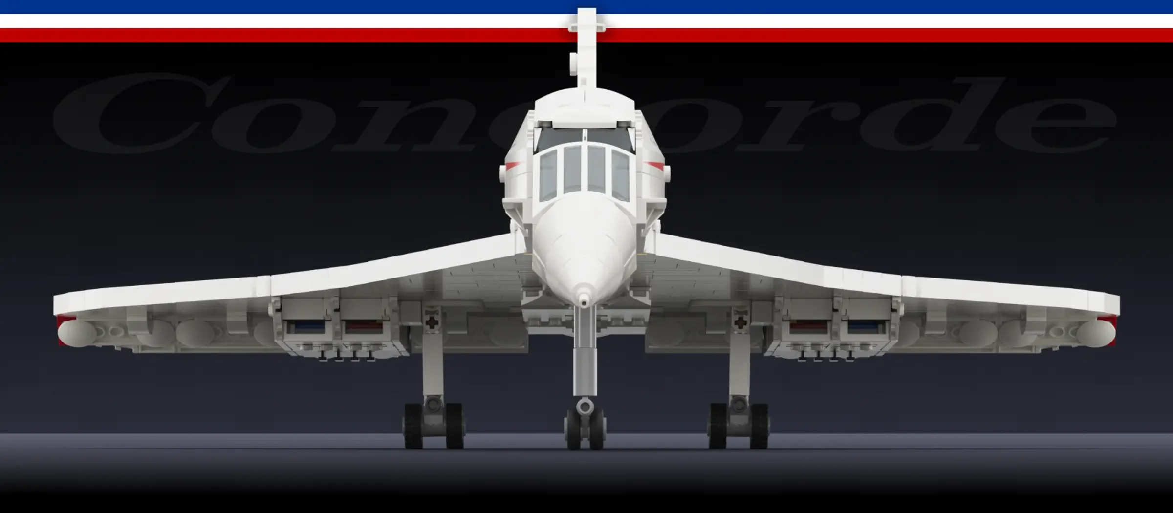 Imagine frontală a modelului LEGO Concorde 10318, cu detalii ale trenului de aterizare și cabinei.