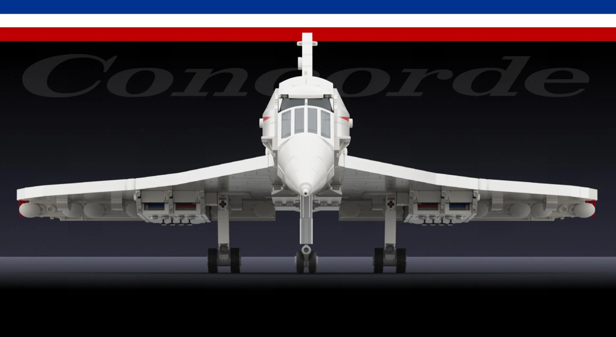 Imagine frontală a modelului LEGO Concorde 10318, cu detalii clare ale trenului de aterizare.