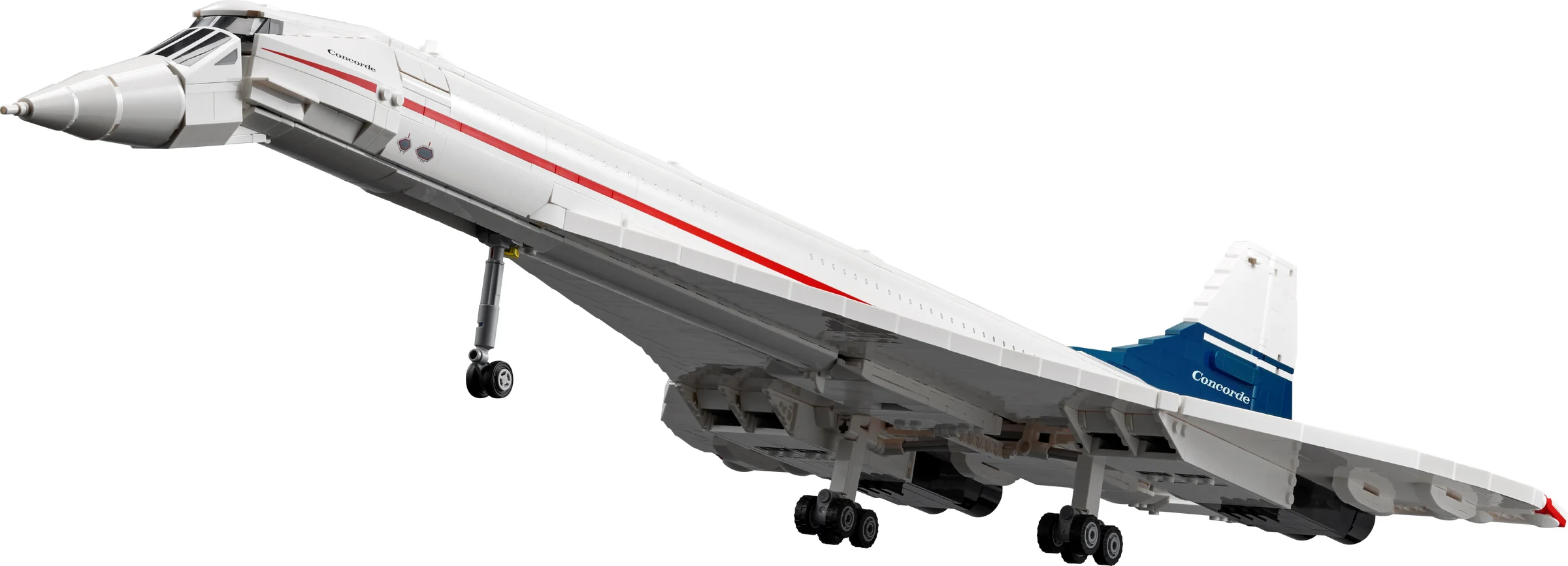 Imagine cu modelul LEGO Concorde 10318, având schema de culori albă și albastră, cu roțile scoase.