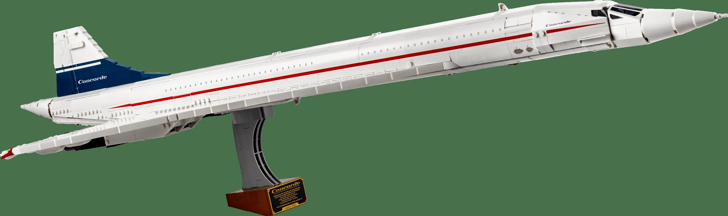 Imagine cu modelul Concorde 10318, un avion elegant și detaliat pe un suport.