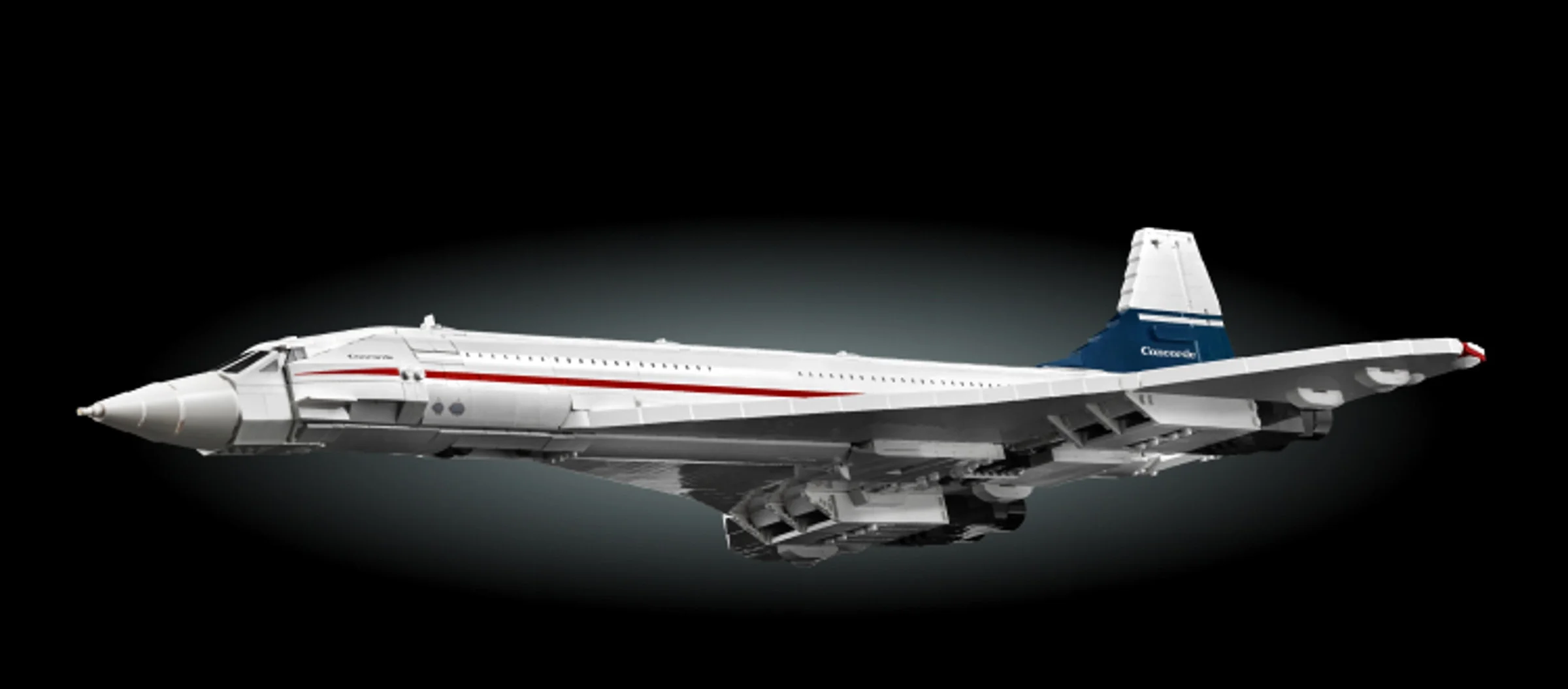 Imagine cu modelul LEGO Concorde, o replică detaliată a avionului supersonic.