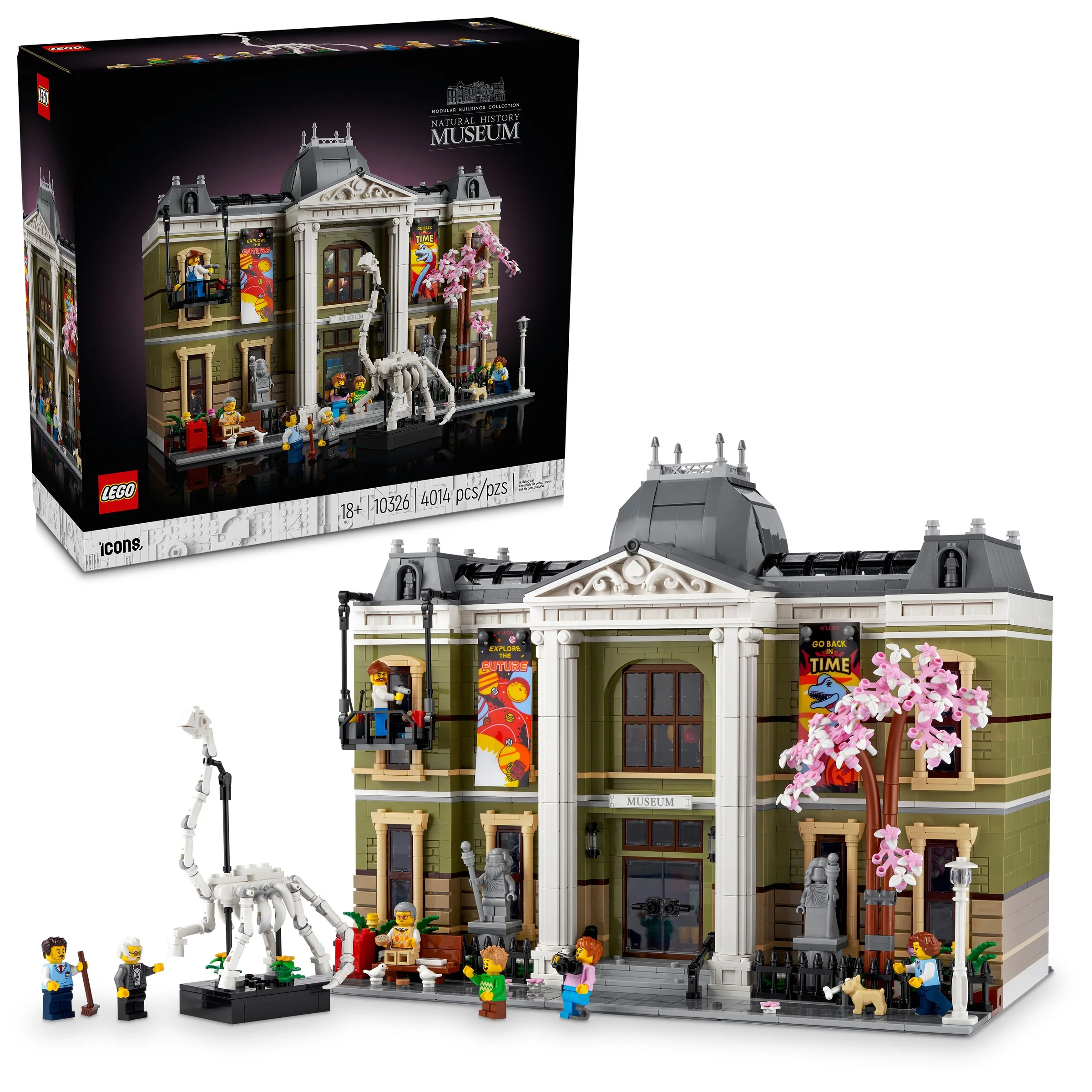 Imagine cu produsul LEGO 10326, Muzeul de Istorie Naturală, incluzând cutia și modelul asamblat.