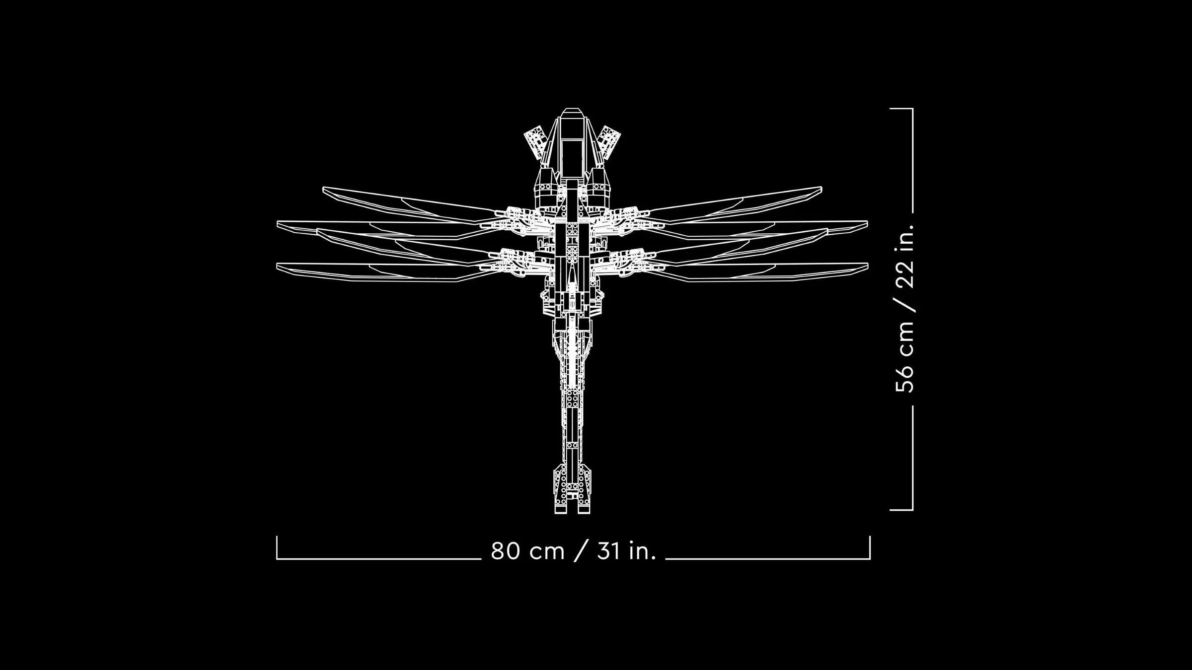 Dimensiunile modelului LEGO Ornithopter: 80 cm x 56 cm.