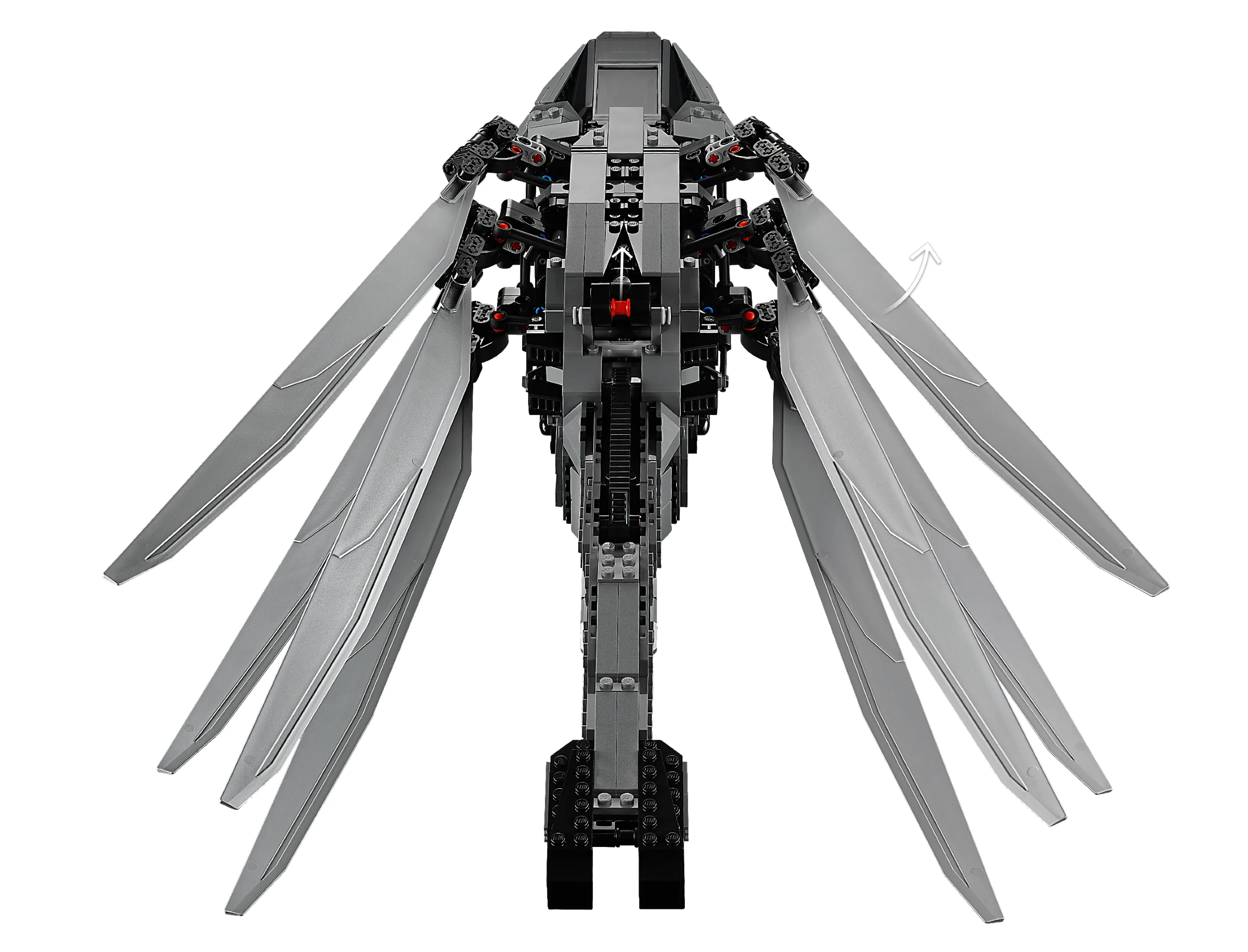 Ornithopter Dune Atreides LEGO, vedere de sus. Aripile sunt extinse. Detalii fine ale construcției.