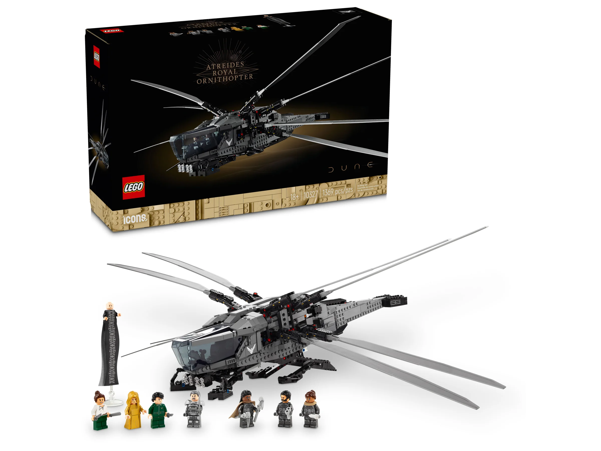 Imagine cu LEGO Ornithopterul Atreides Royal (10327), alături de cutie și minifigurine.