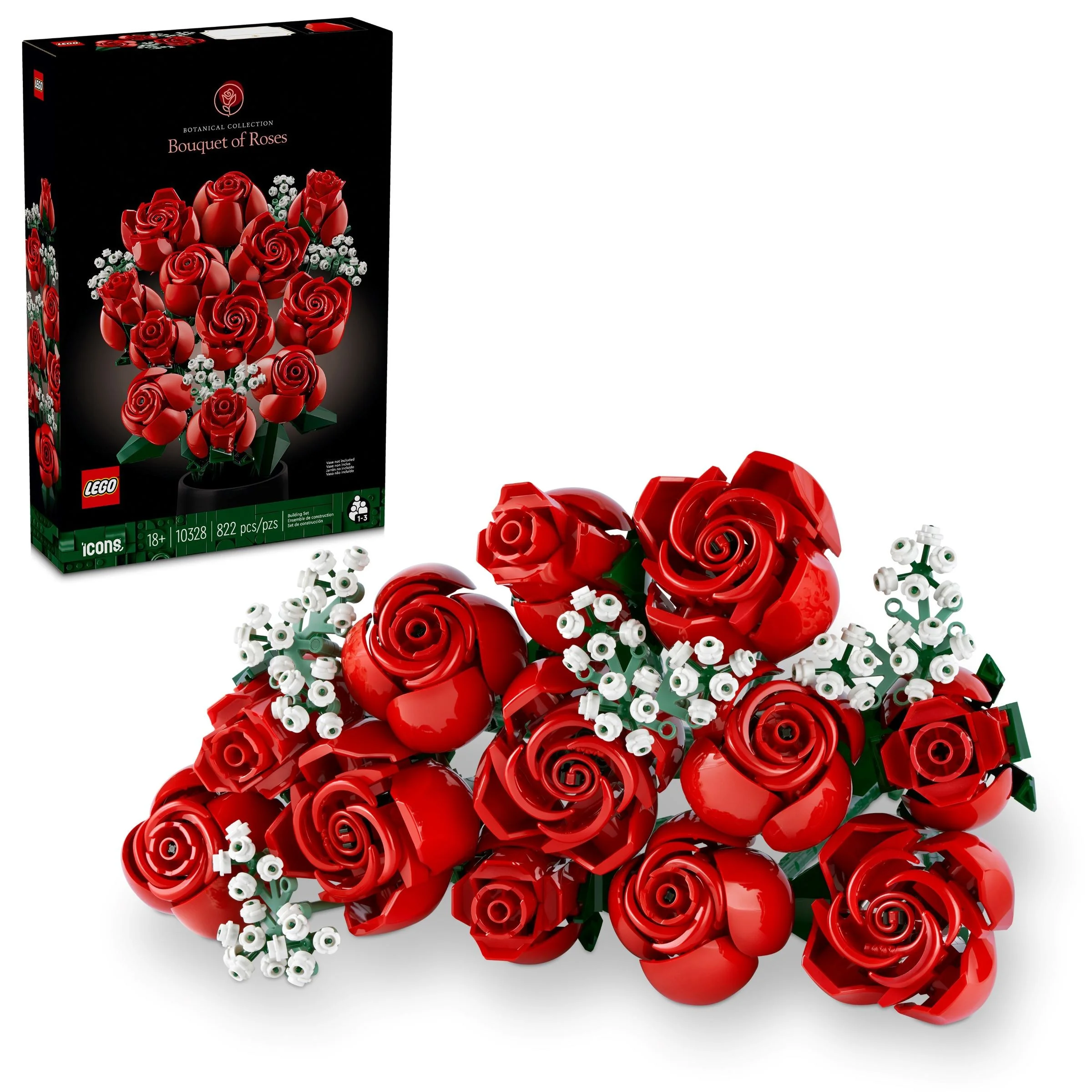 Imagine cu setul LEGO 10328, Buchet de Trandafiri, și cutia produsului. Un cadou special!