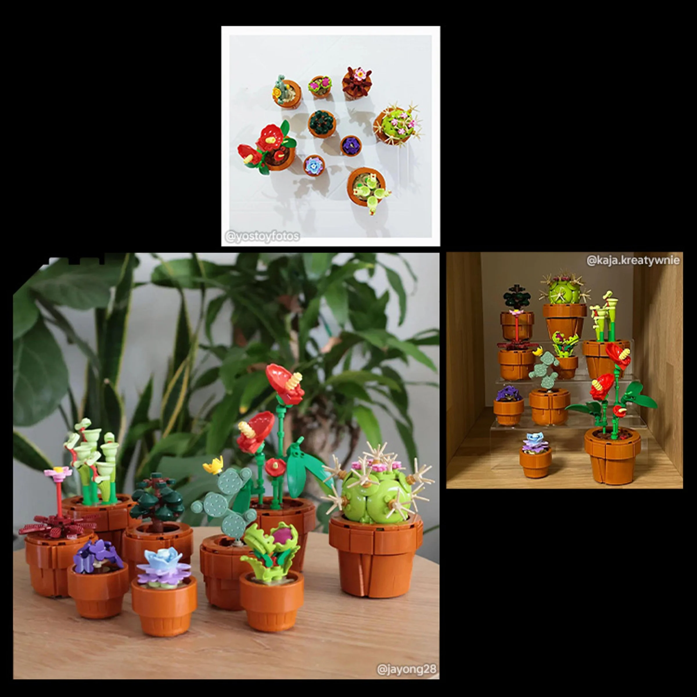 Diverse plante LEGO în ghivece, prezentate în aranjamente atractive. Modele detaliate și colorate.