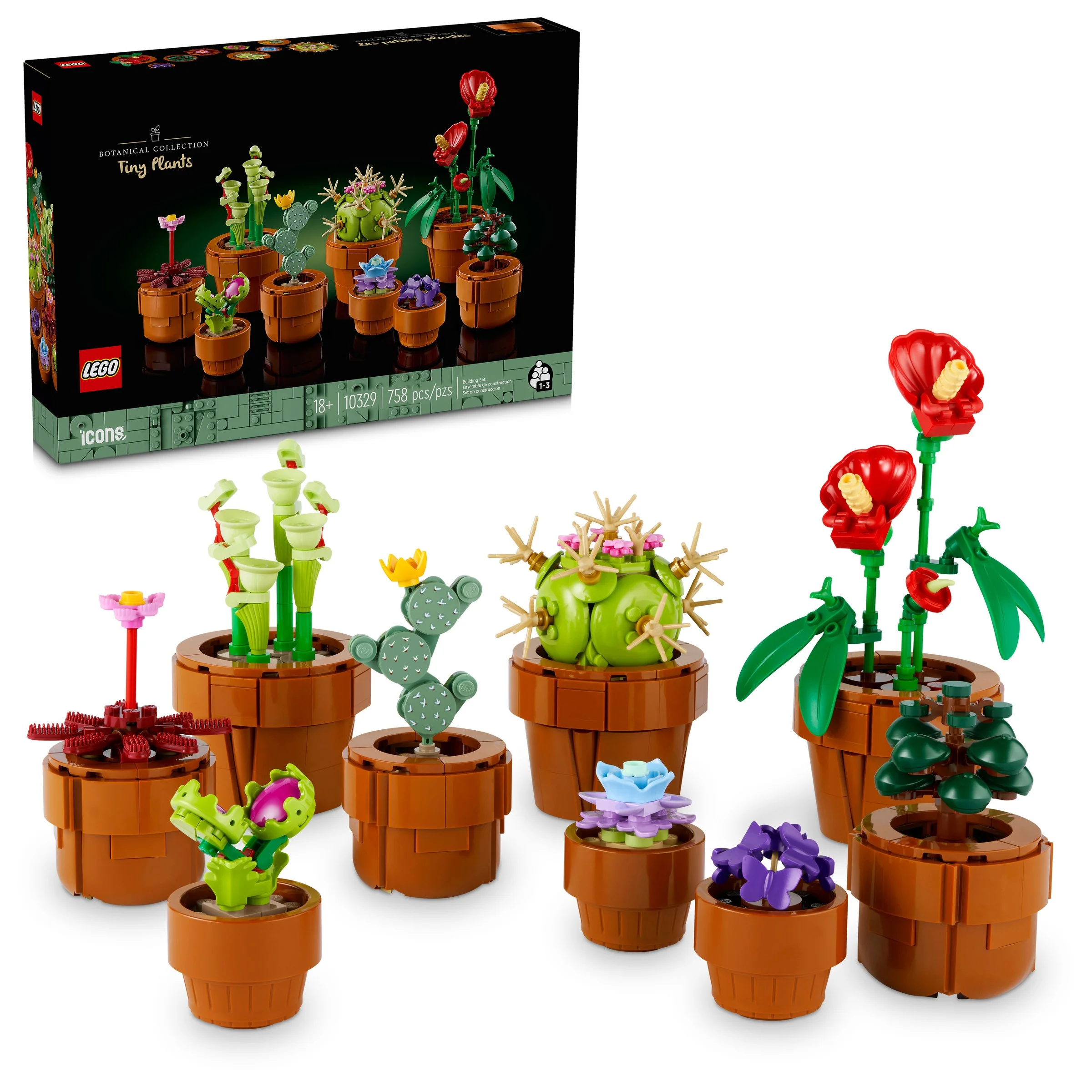 Imagine cu setul LEGO 10329 Tiny Plants și cutia, prezentând toate plantele.