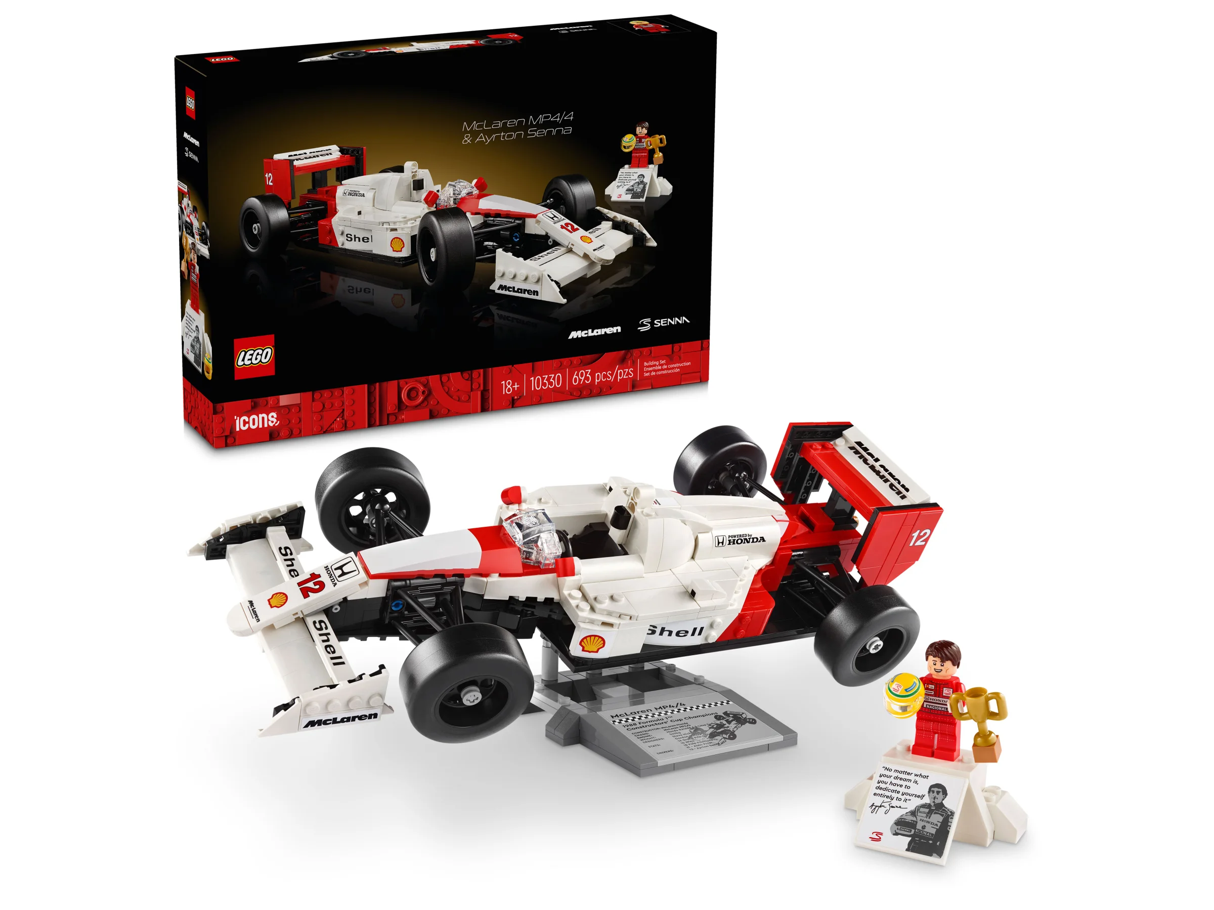 Imaginea prezintă setul LEGO 10330 McLaren MP4/4 & Ayrton Senna, inclusiv mașina și minifigurina.
