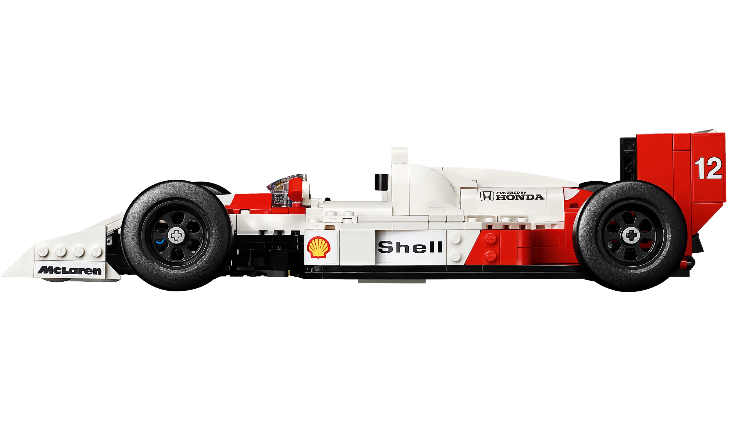 O vedere laterală detaliată a modelului LEGO McLaren MP4/4, alb și roșu, cu numărul 12.
