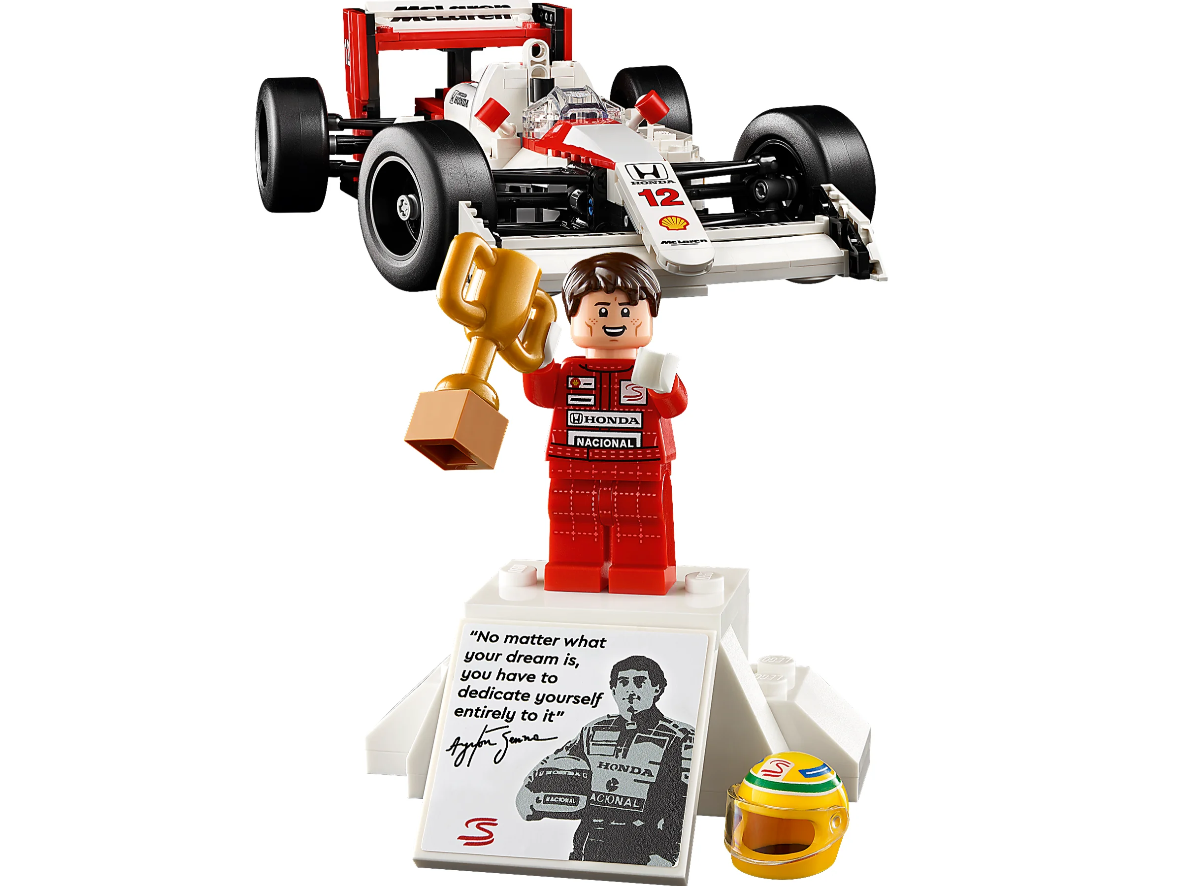 Imagine prezintă modelul McLaren MP4/4 și minifigurina Ayrton Senna cu trofeu și cască.