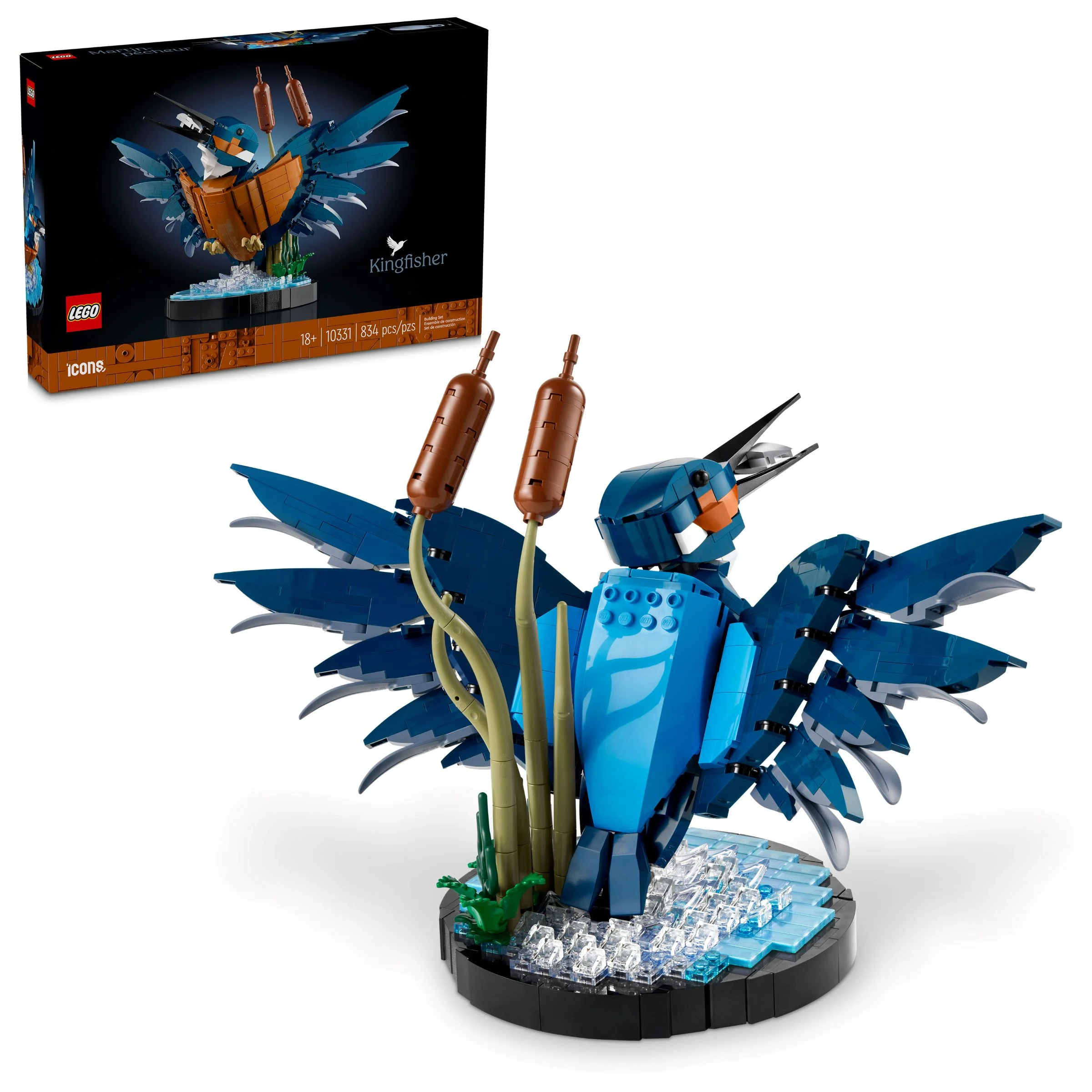 Imagine cu setul LEGO 10331 Kingfisher și cutia, detaliind aspectul modelului finit.