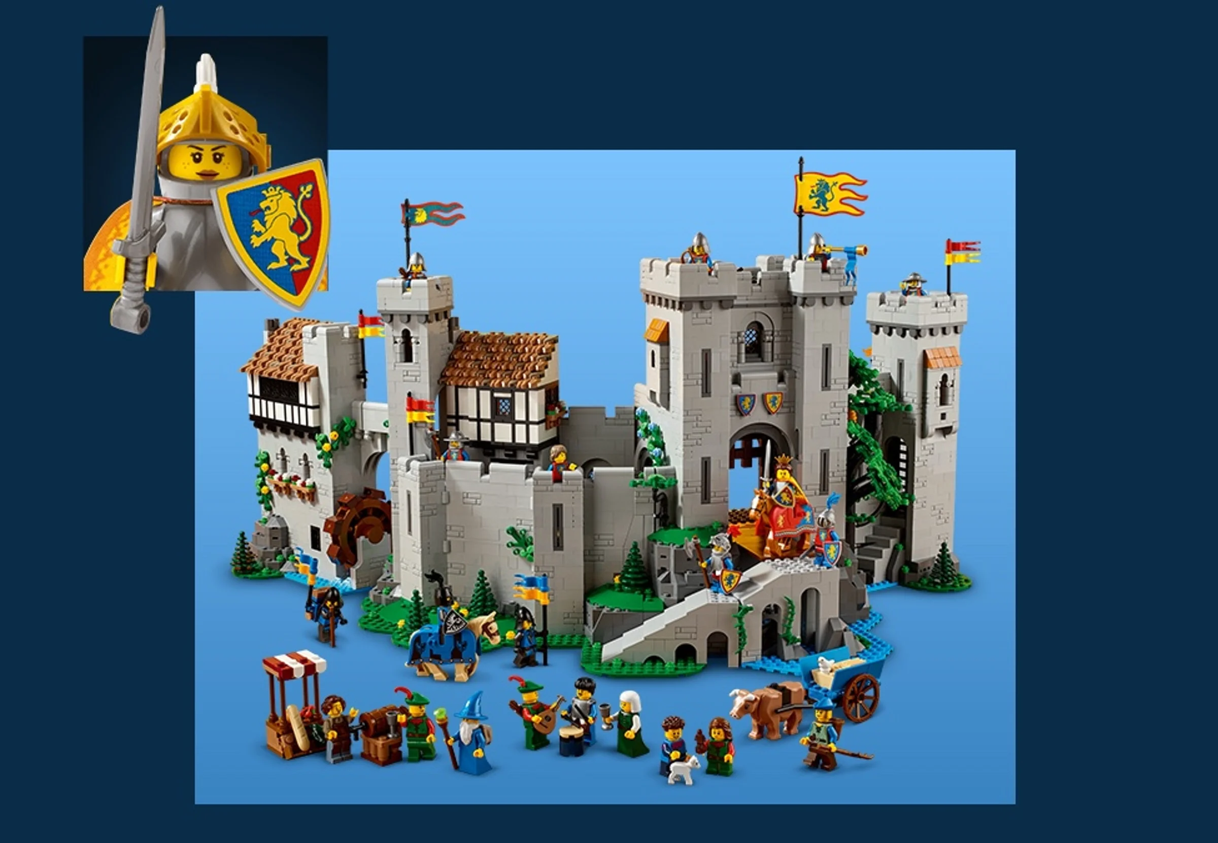 Imagine cu castelul medieval LEGO 10332. Detalii arhitecturale și minifigurine. Un model complex și atrăgător.