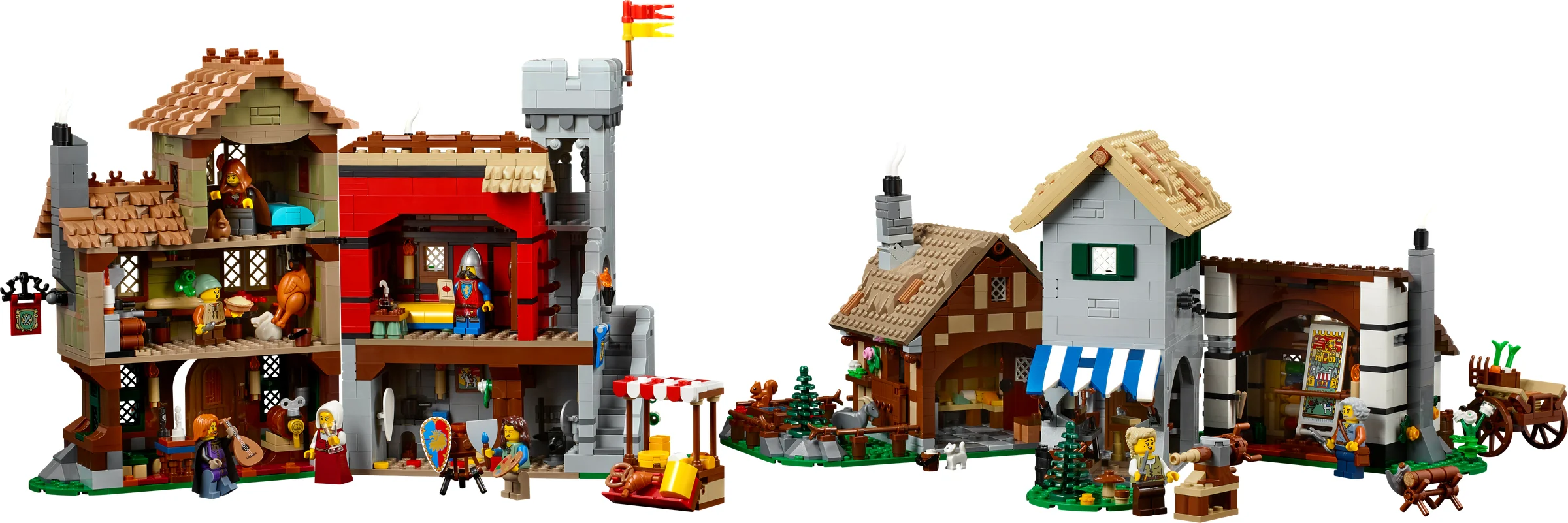 Imagine detaliată a setului LEGO 10332, Piața Medievală, prezentând clădirile și minifigurinele.