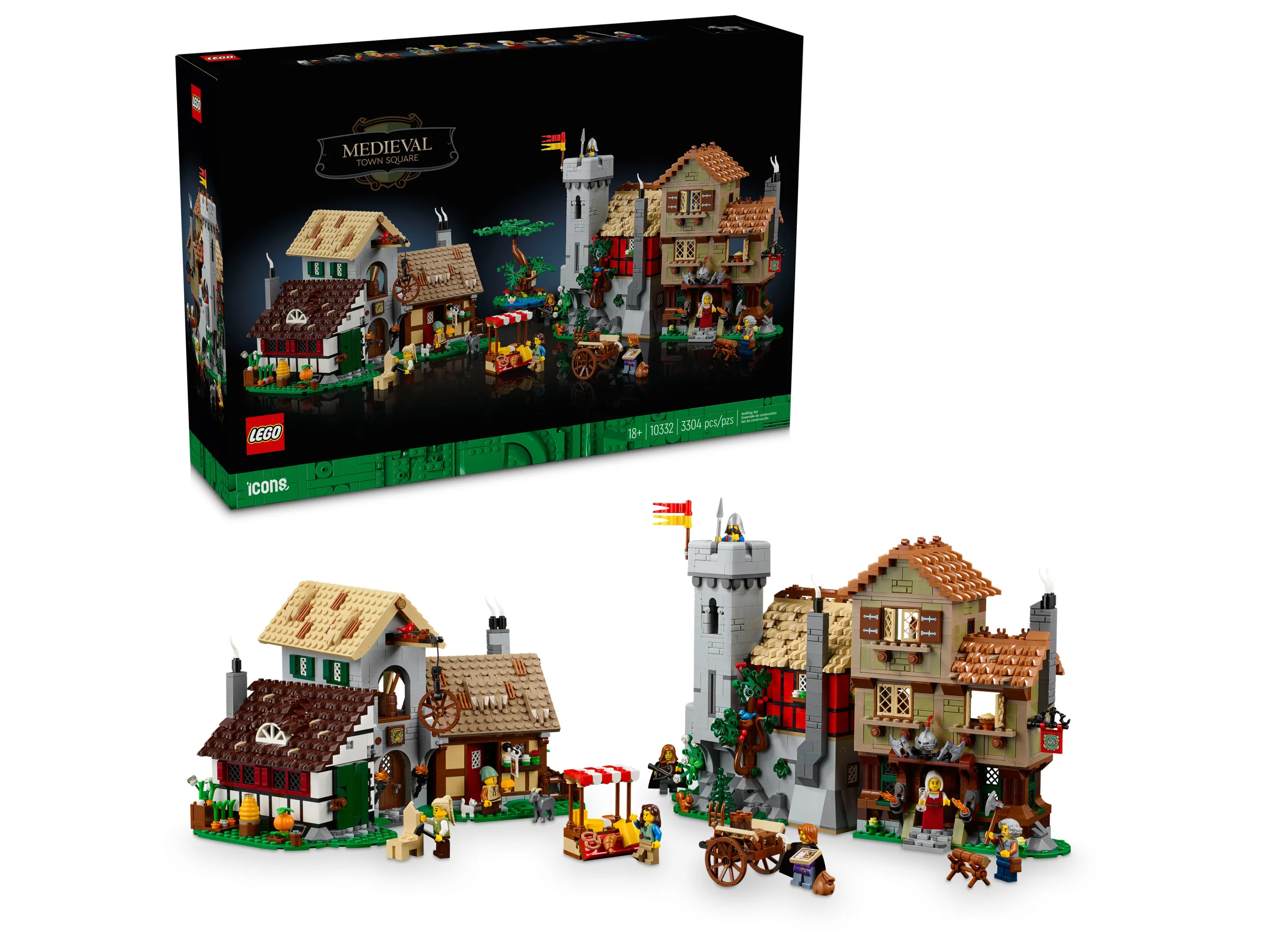Imagine detaliată a setului LEGO 10332, „Piața Orașului Medieval”, cu clădiri și minifigurine.