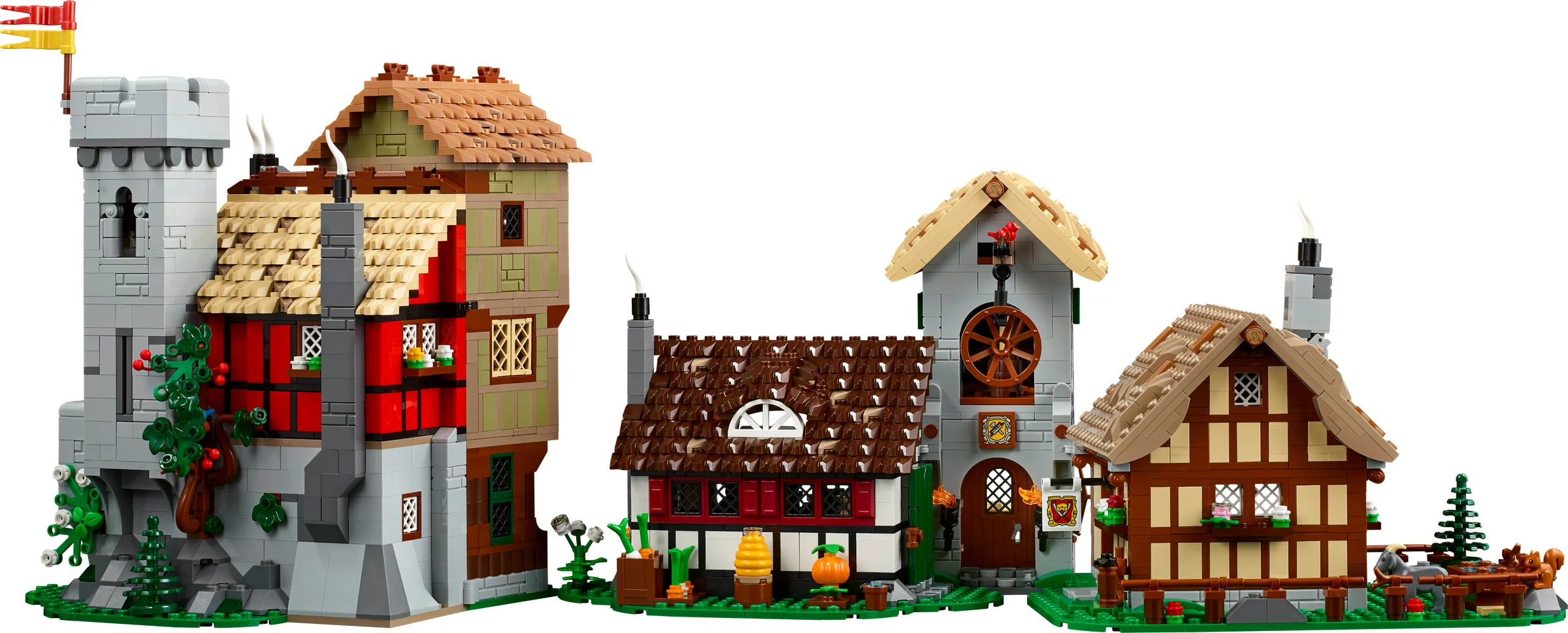 Imagine cu piața medievală LEGO 10332, detaliată și colorată.