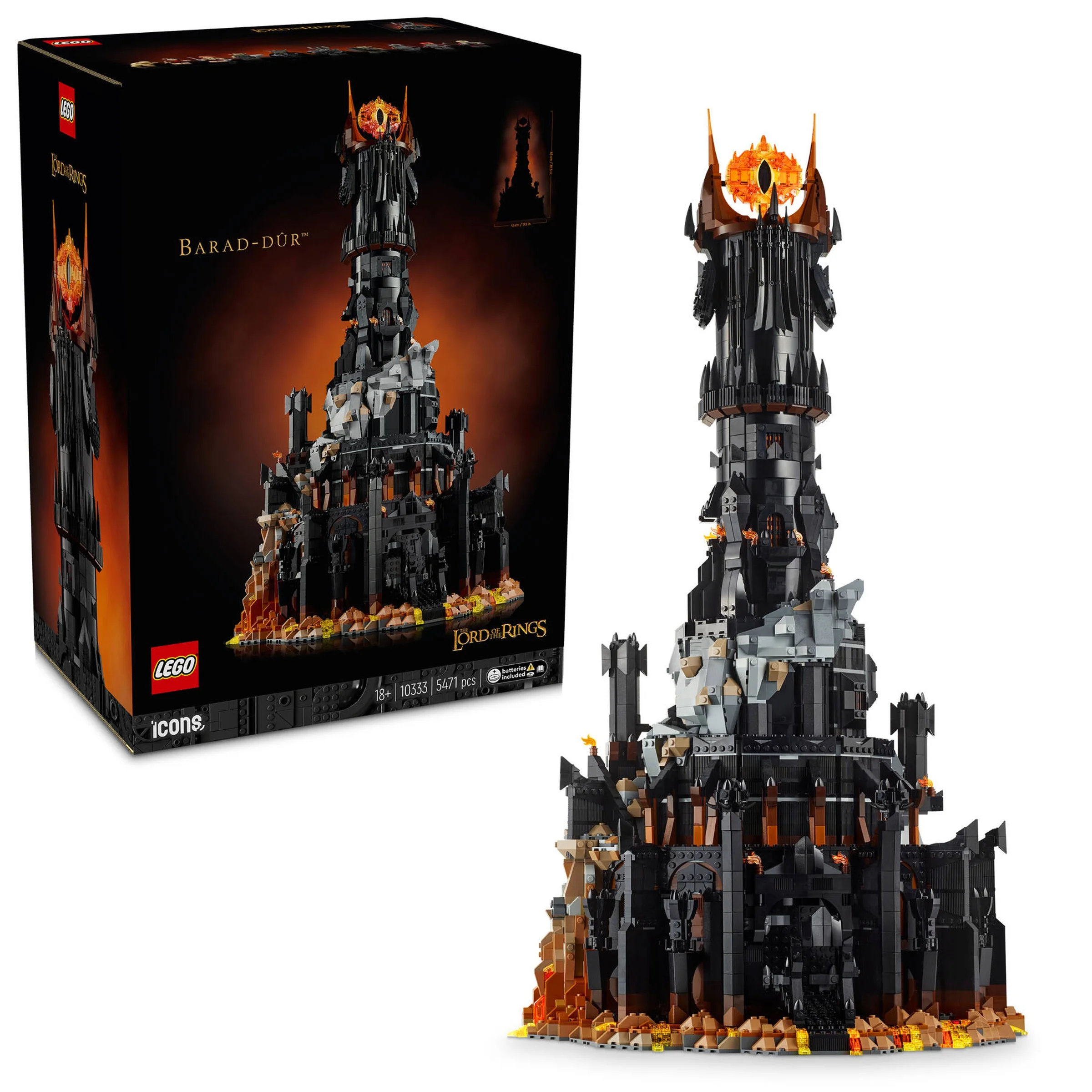 Imagine cu LEGO Barad-dûr 10333 și cutia produsului. Set detaliat, aspect impunător, tema Lord of the Rings.