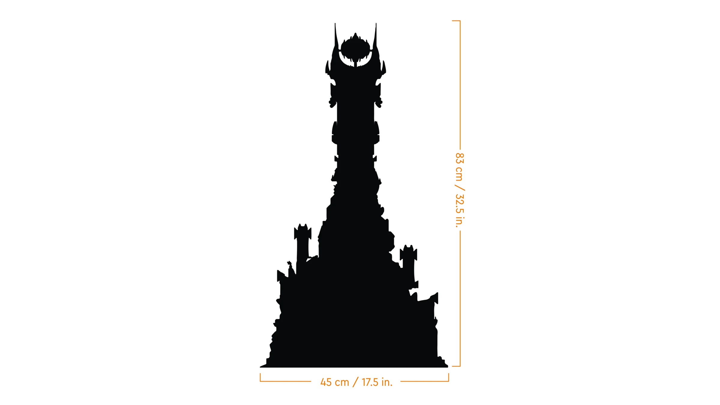 Silueta întunecată a turnului Barad-dûr, evidențiind dimensiunile sale.