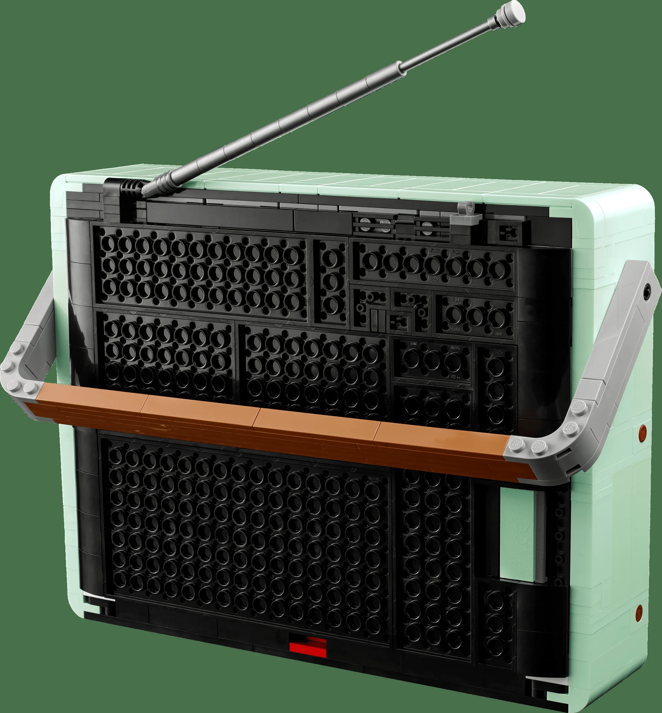 Imagine detaliată cu radioul retro LEGO 10334, din spate, arătând antena și detaliile designului.