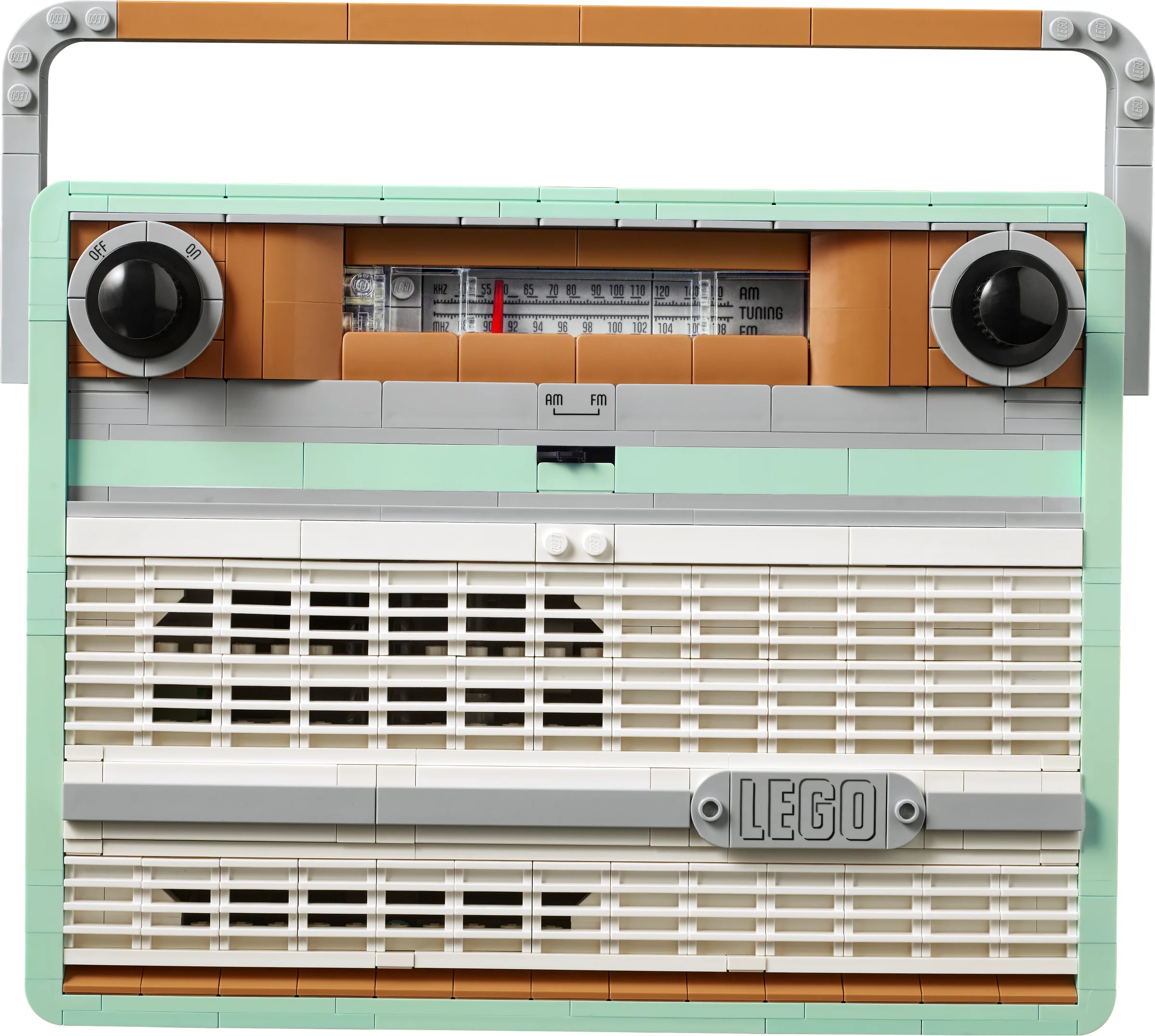 Imagine detaliată a radioului retro LEGO 10334, cu detalii ale construcției.
