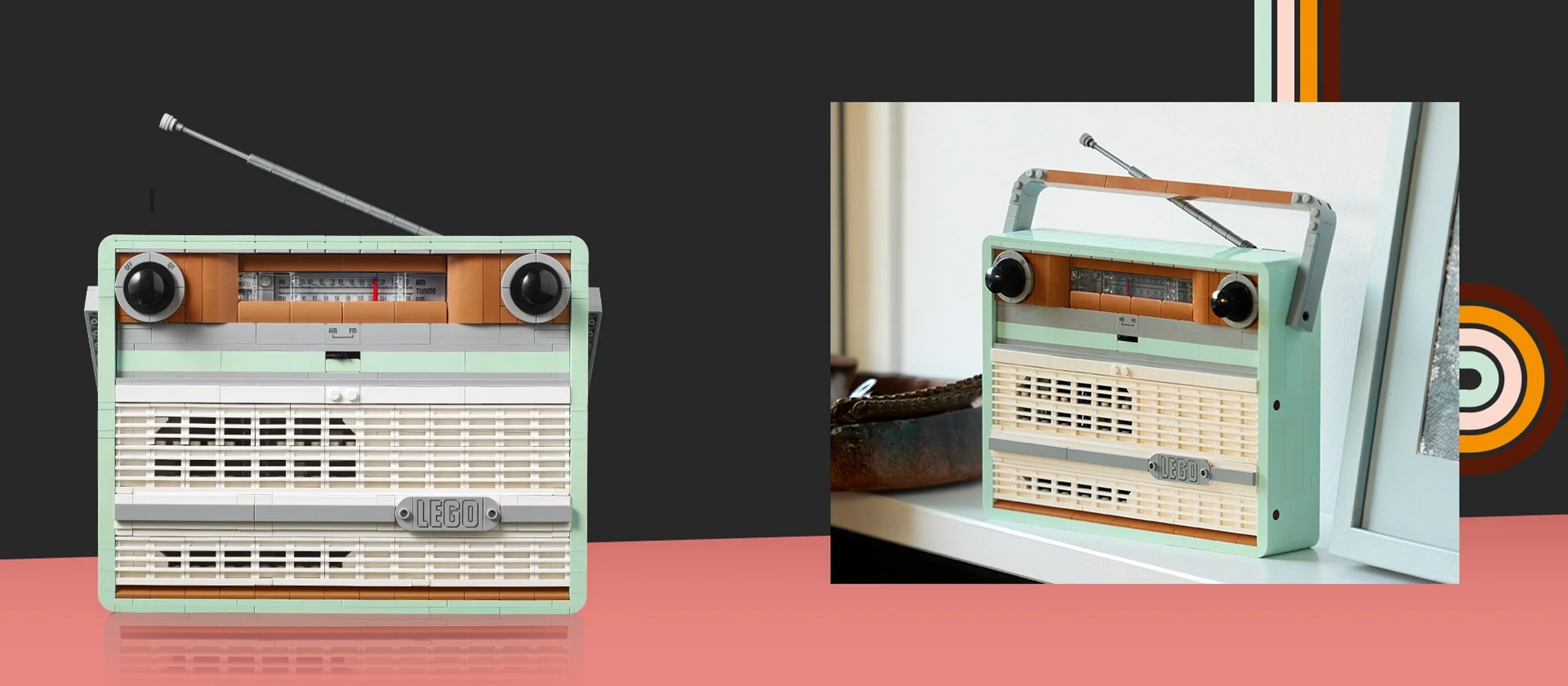 Radio retro LEGO 10334. Design autentic, cu antenă telescopică și butoane funcționale.