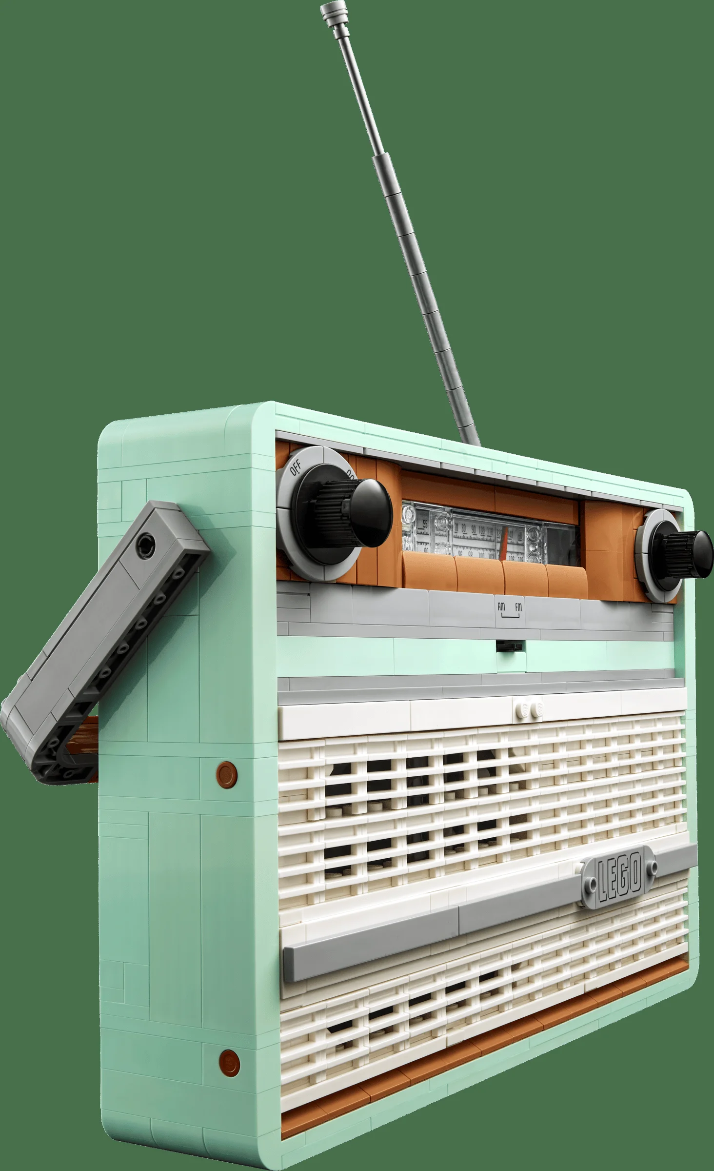 O imagine a radioului retro LEGO 10334, cu antenă și detalii realiste.