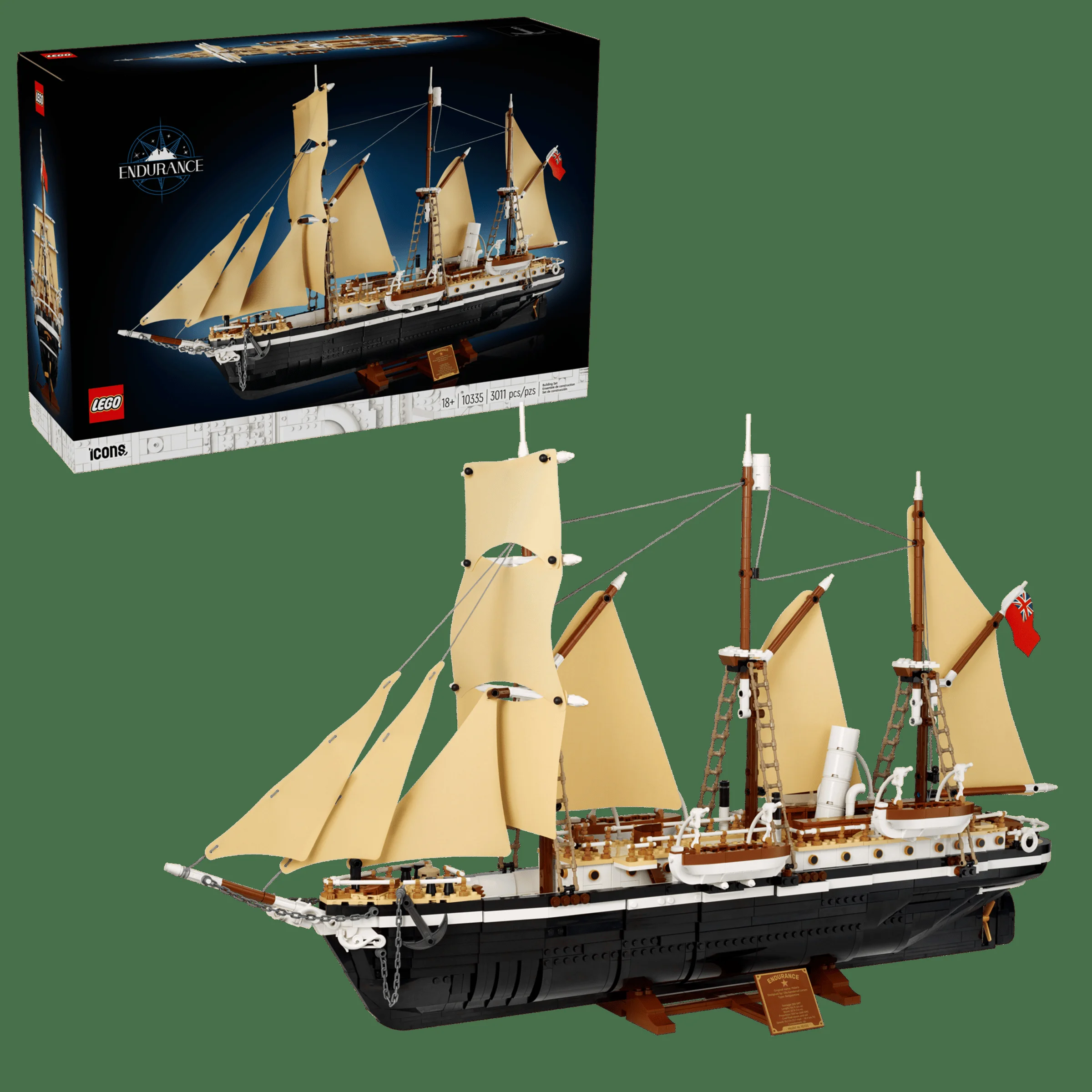 O imagine a produsului LEGO 10335 Endurance, incluzând modelul și cutia. Vaporul are vele bej și detalii complexe.
