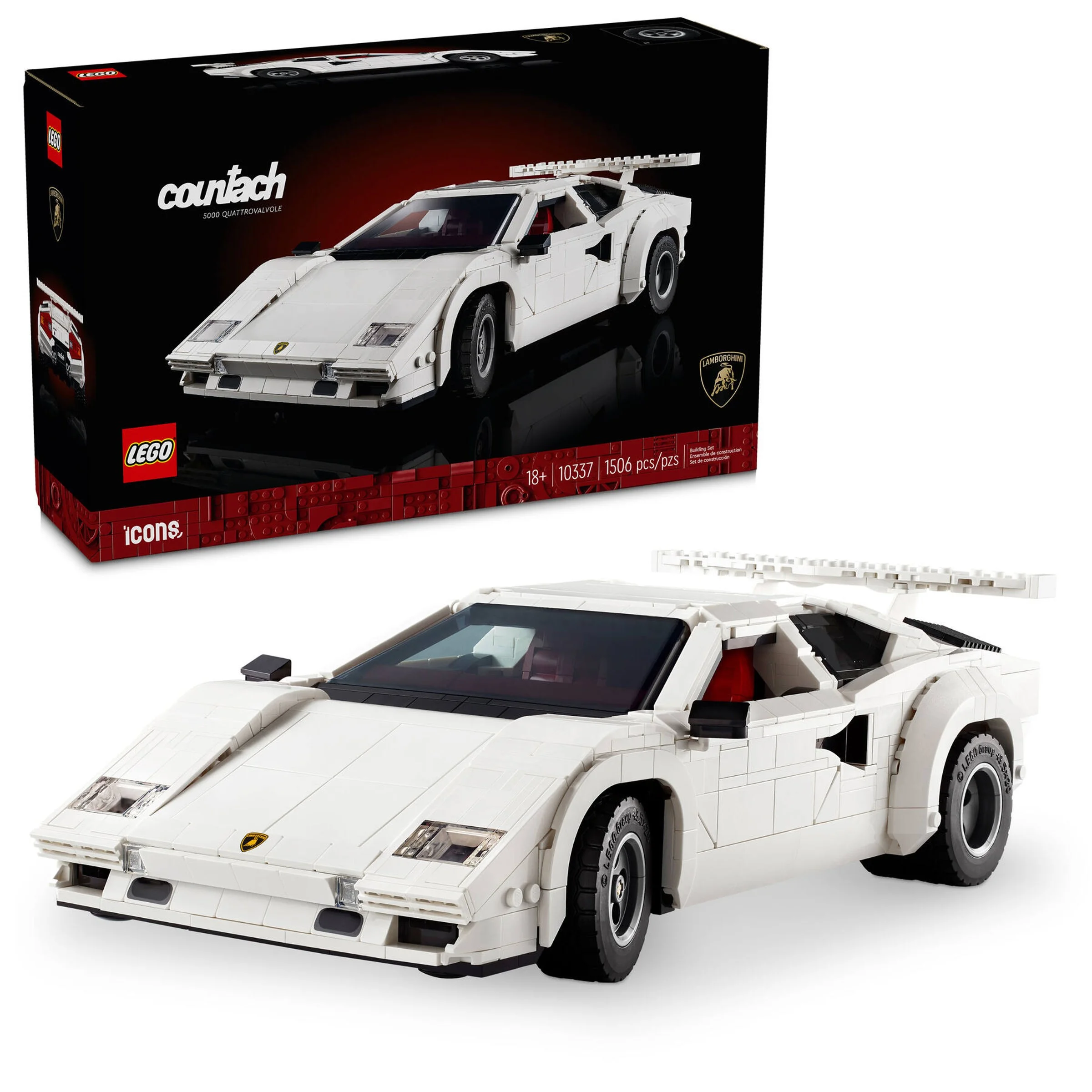 Modelul Lamborghini Countach 5000 Quattrovalvole și cutia setului LEGO 10337.