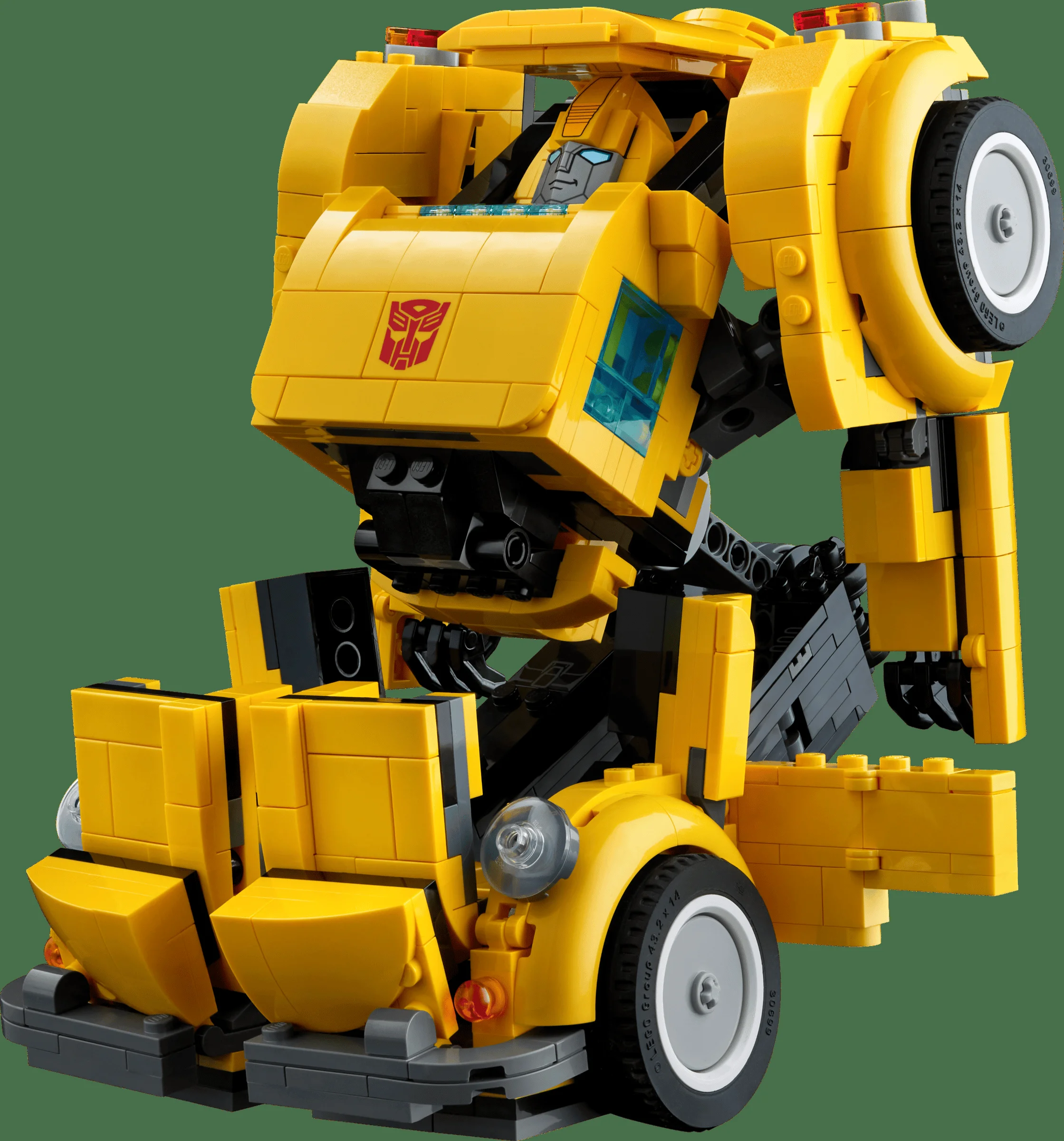 Bumblebee LEGO 10338, o construcție galbenă detaliată, cu accente negre și design Transformers.