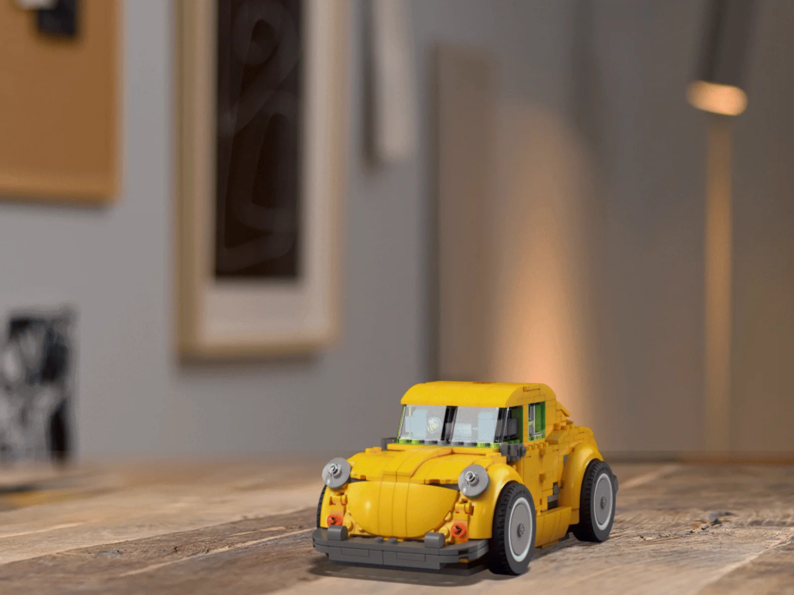 Mașină Bumblebee LEGO, galbenă, într-un cadru de interior modern, luminos și aerisit.