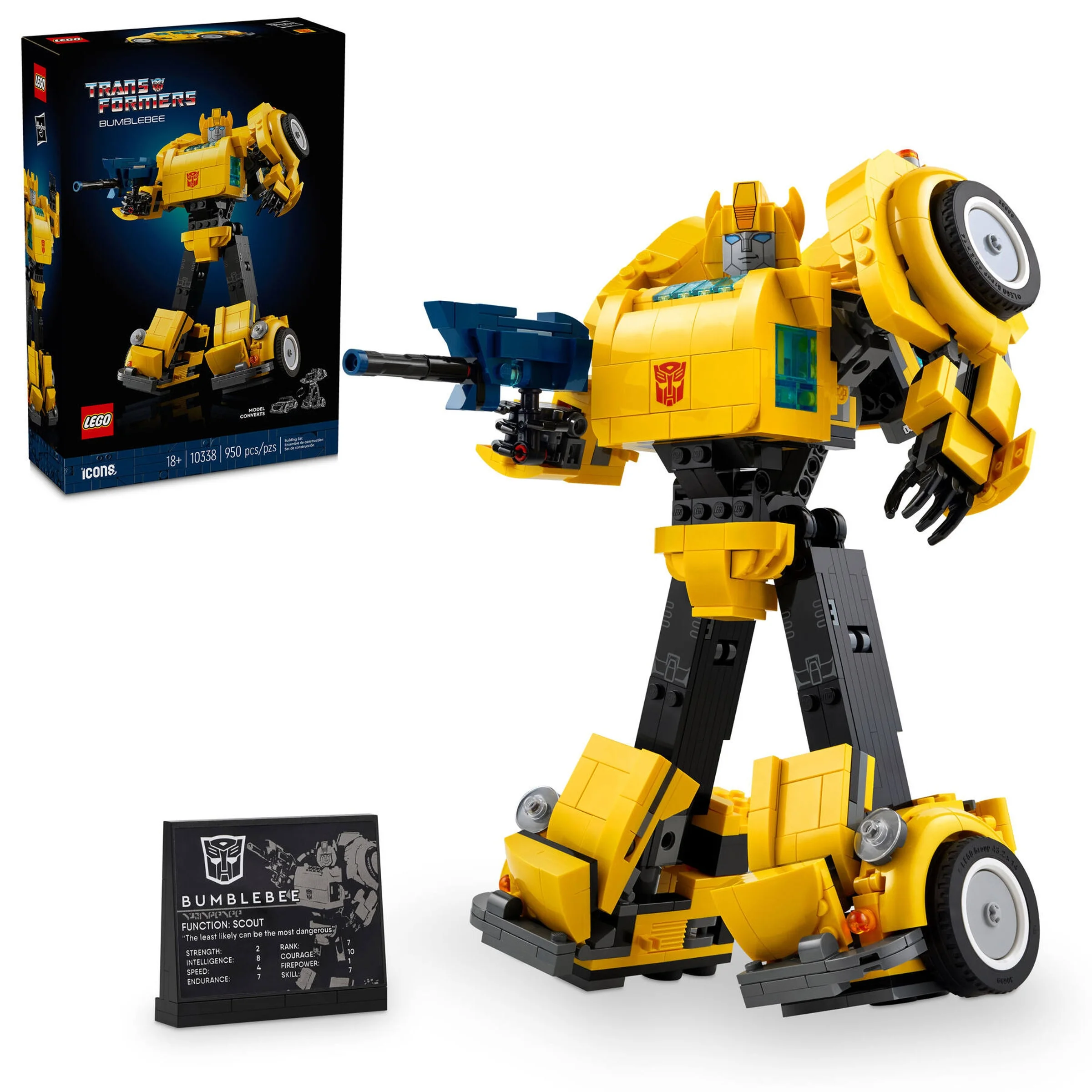 Imagine cu setul LEGO 10338 Bumblebee și cutia, prezentând modelul robot transformat.