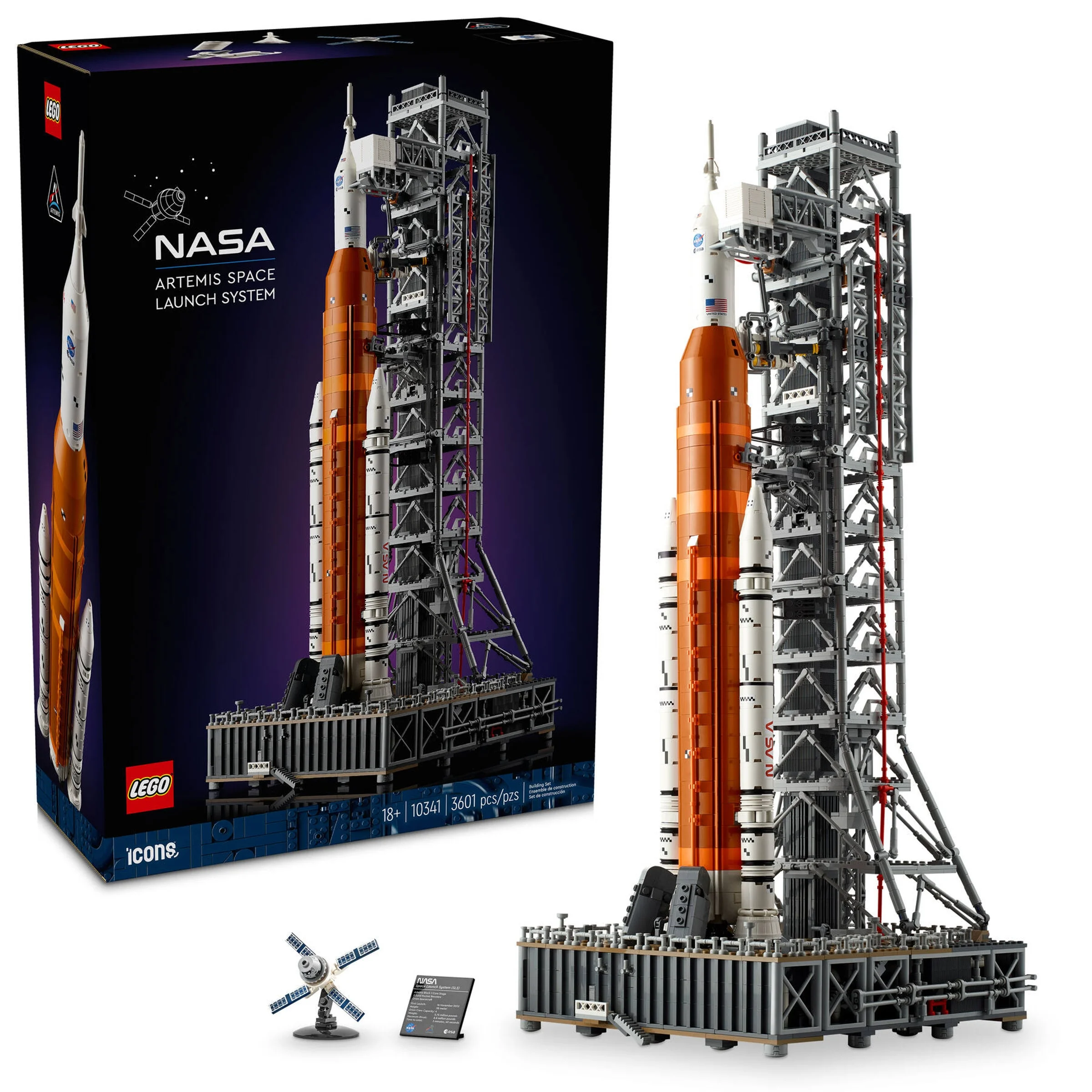 Imagine cu setul LEGO NASA Artemis SLS (10341) și cutia, detaliind racheta, turnul și satelitul.