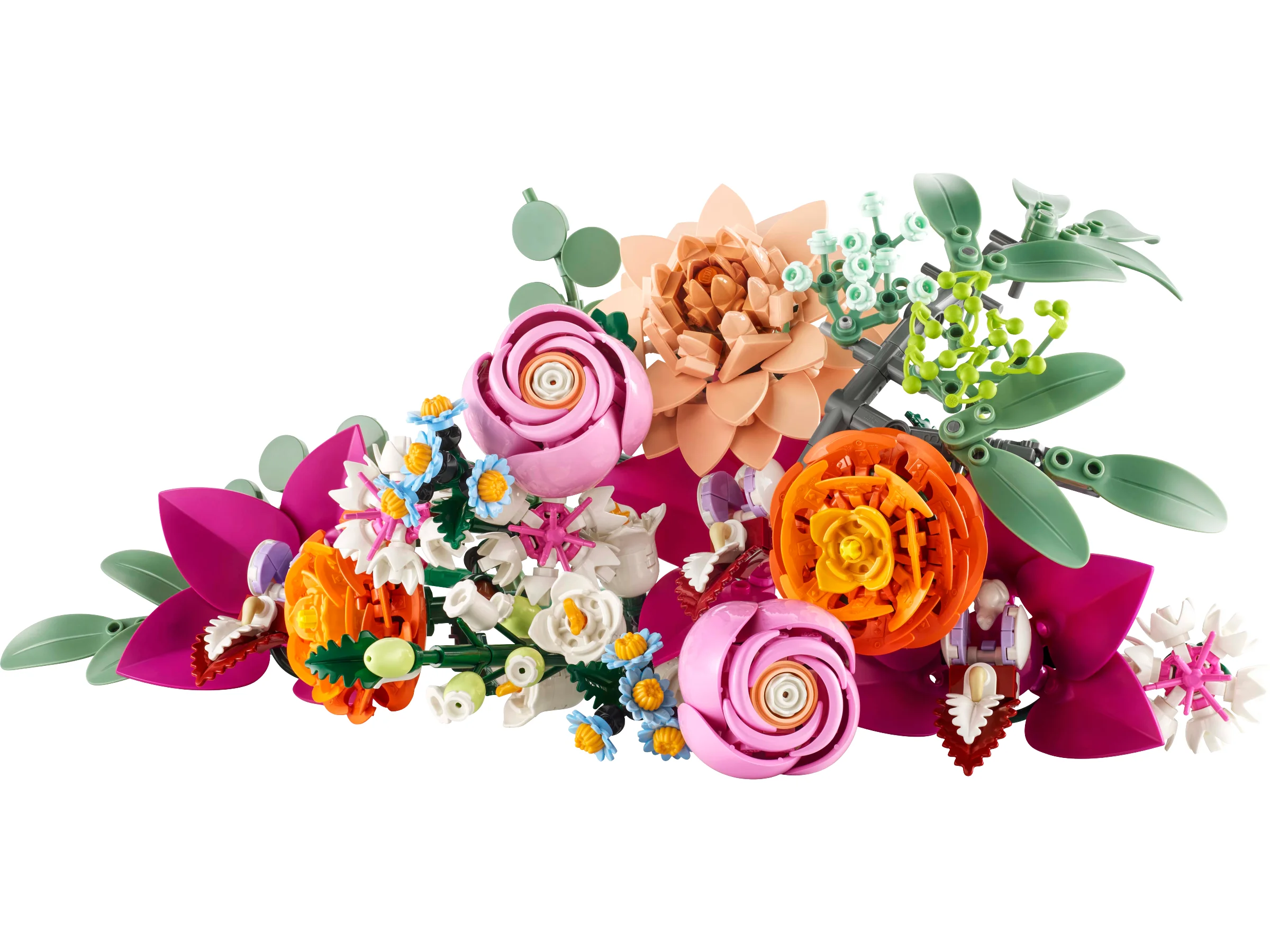 Aranjament floral LEGO viu colorat, include trandafiri roz și flori portocalii. Un cadou minunat!