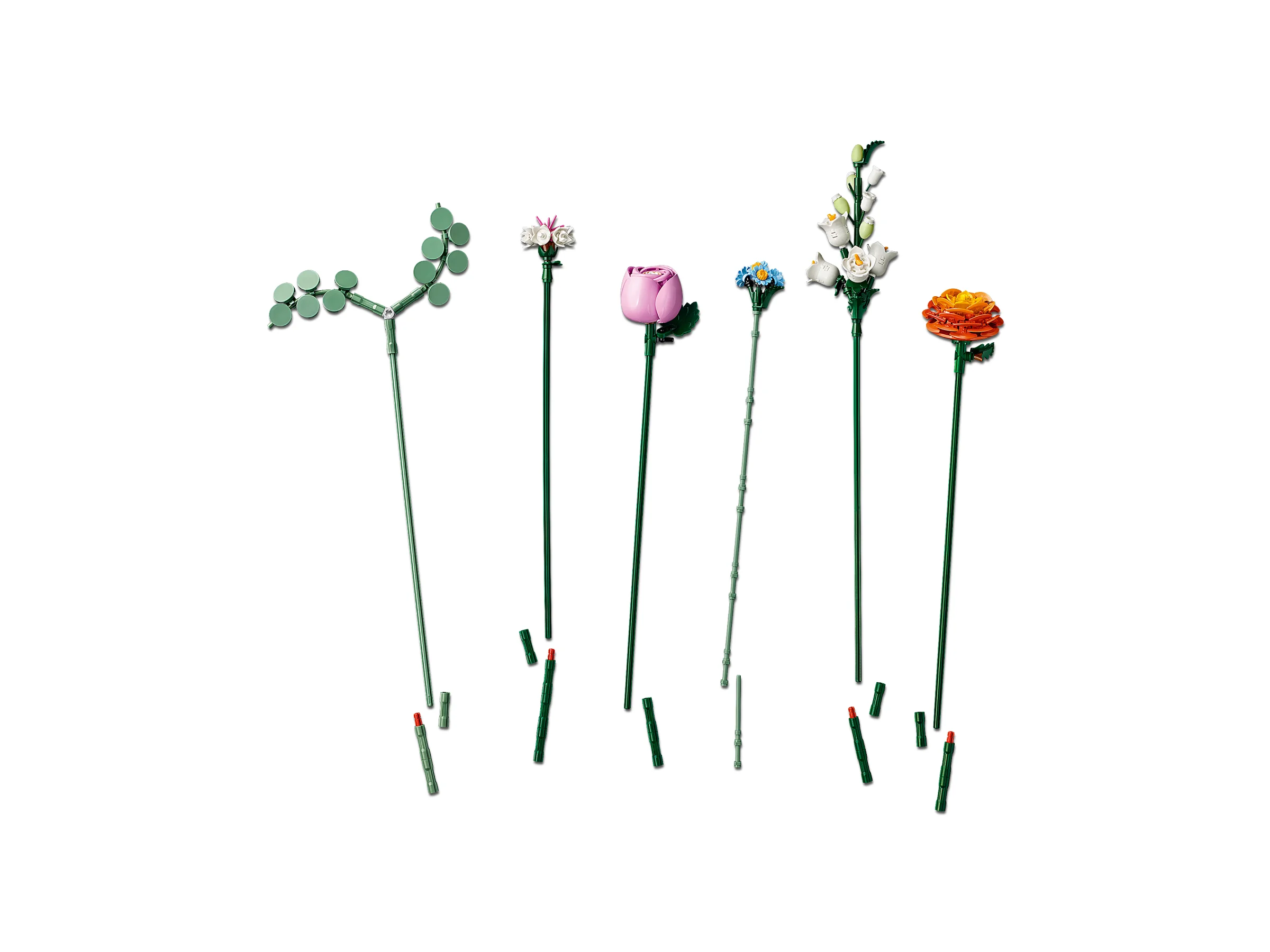 Prezentare a florilor construite din LEGO, parte din setul 10342. Detalii florale și tulpini.