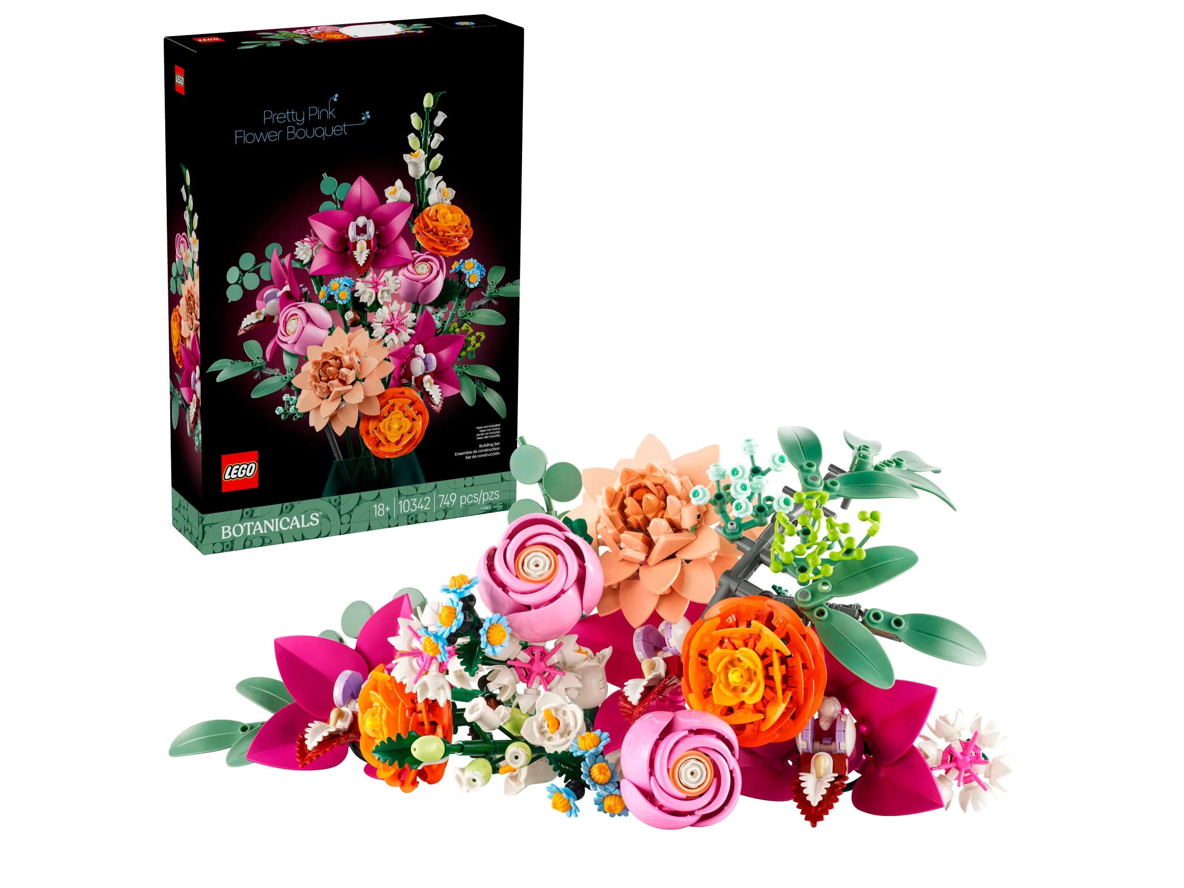 Imagine cu setul LEGO 10342 buchet de flori roz și cutia produsului. Detaliile florale sunt vizibile.