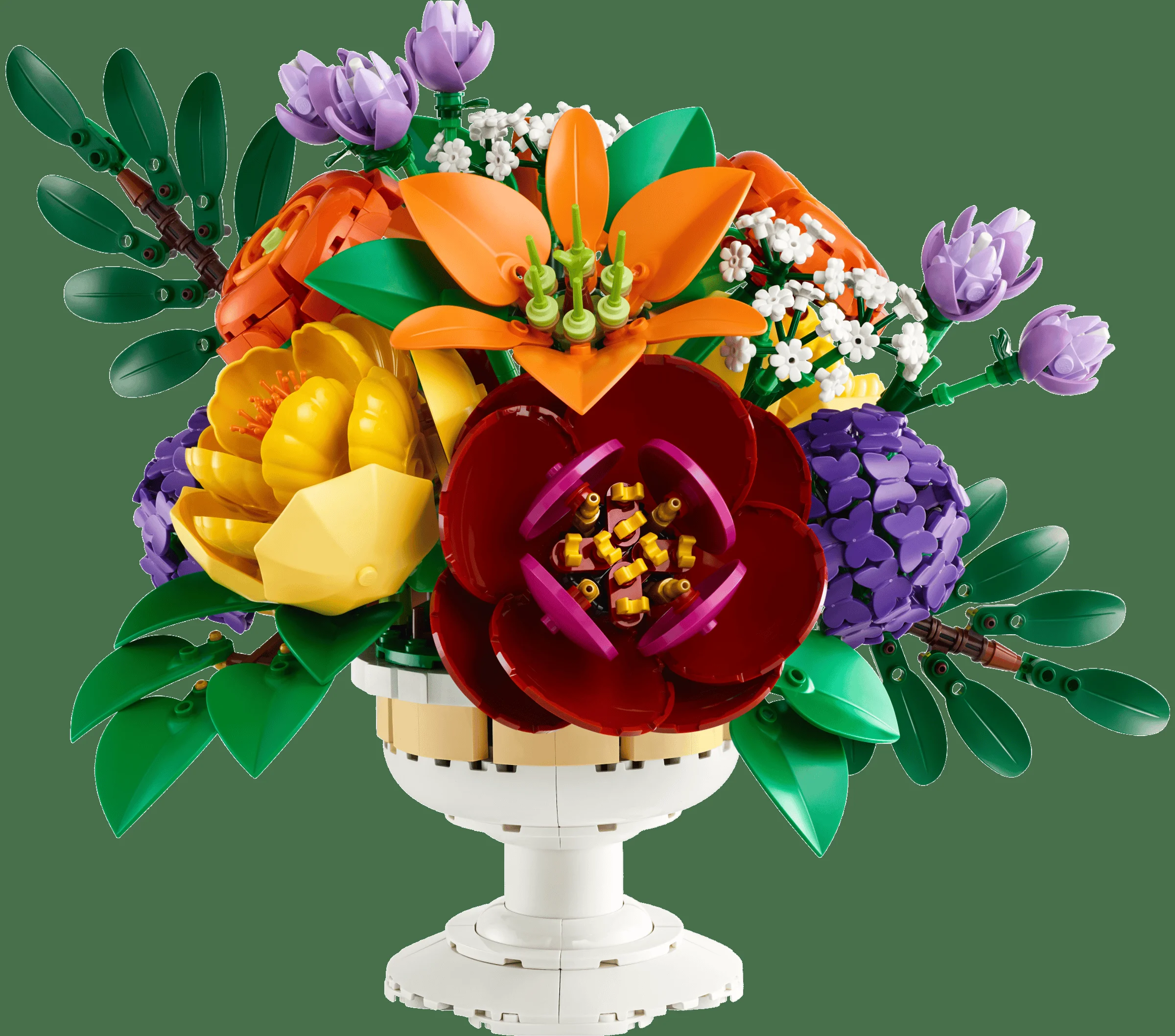 Aranjament floral LEGO 10345 cu diverse flori colorate și vas alb. Detaliu frumos.