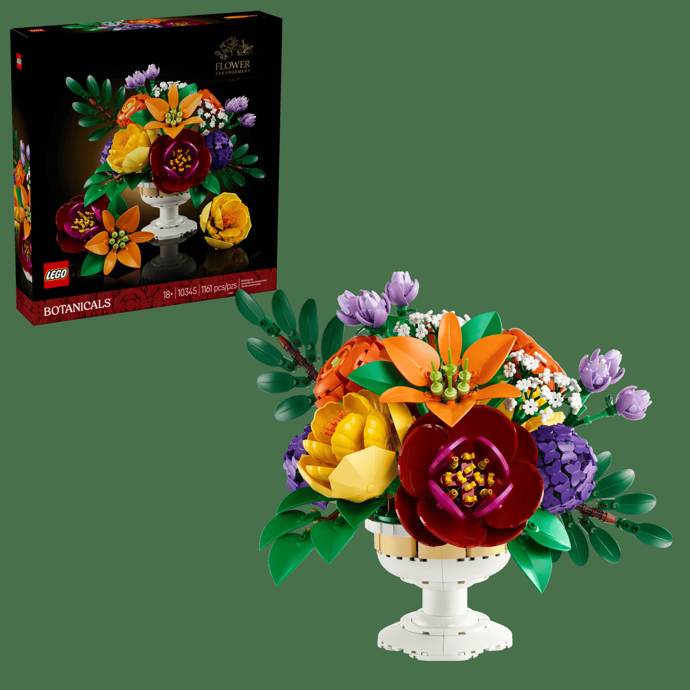 Imagine cu aranjamentul floral LEGO 10345 și cutia. Un set botanic frumos și colorat.
