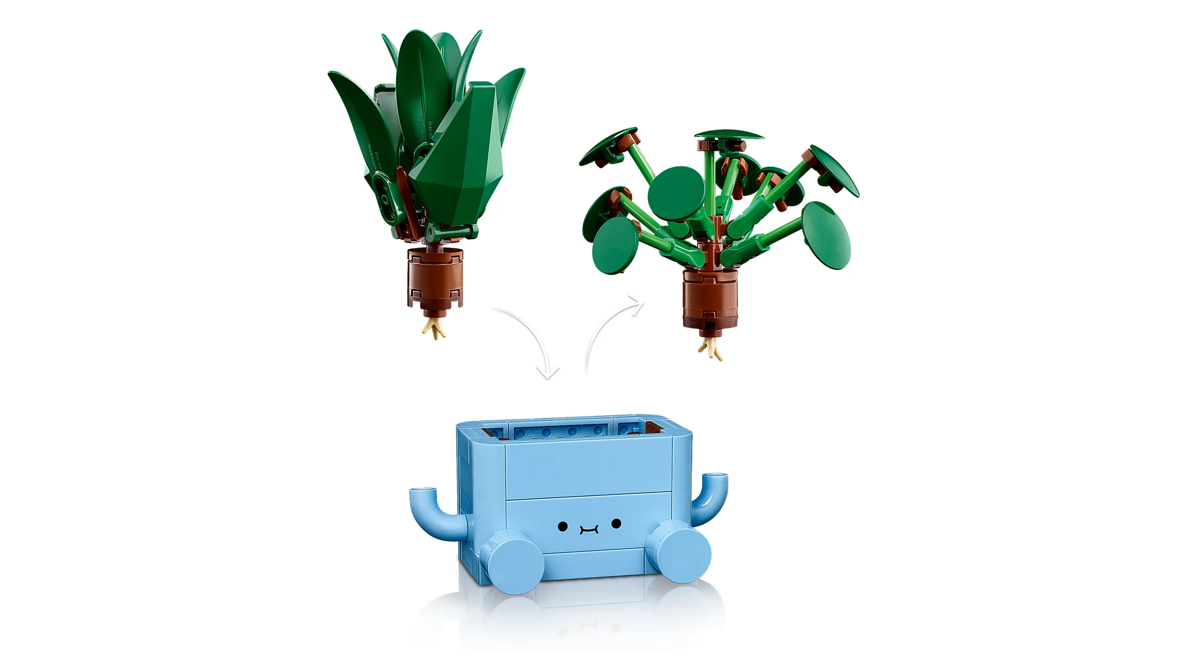 Ilustrație cu modul de asamblare a plantelor în ghiveciul LEGO. Plantele pot fi schimbate ușor.