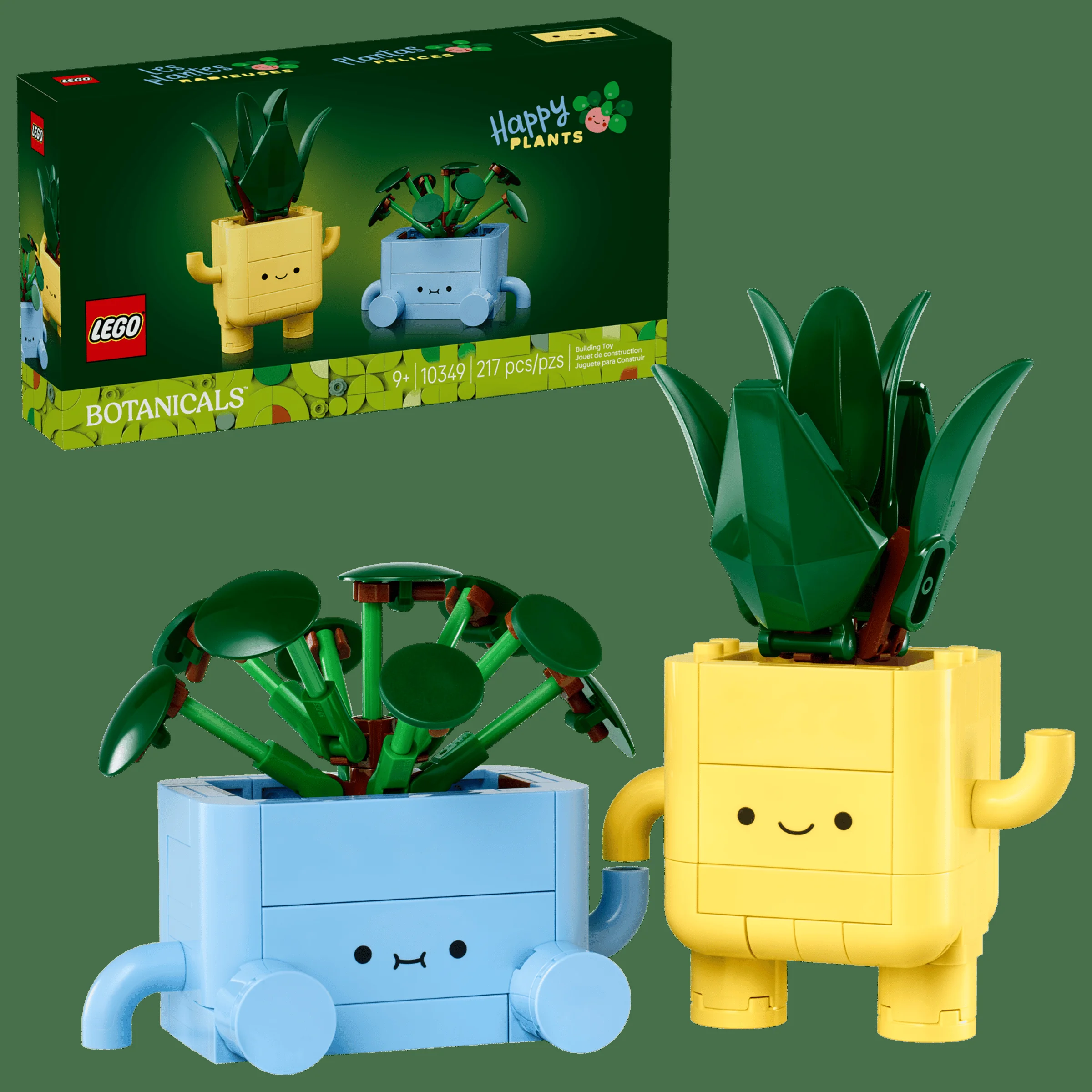 Setul LEGO 10349 Plante Veselă prezintă cutia și modelele construite. Două plante adorabile cu fețe zâmbitoare.