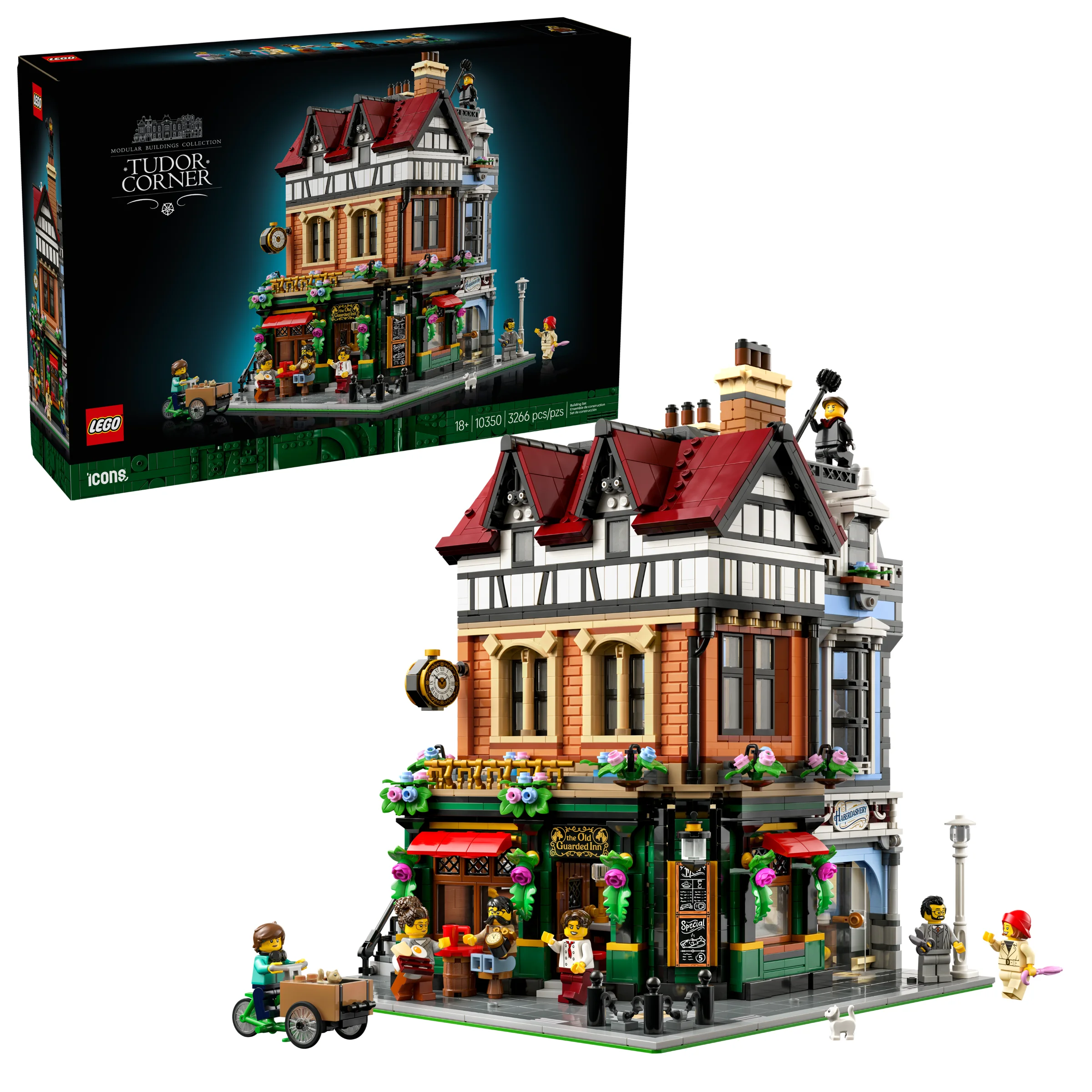 Imagine cu setul LEGO 10350 Tudor Corner, incluzând modelul asamblat și cutia produsului.