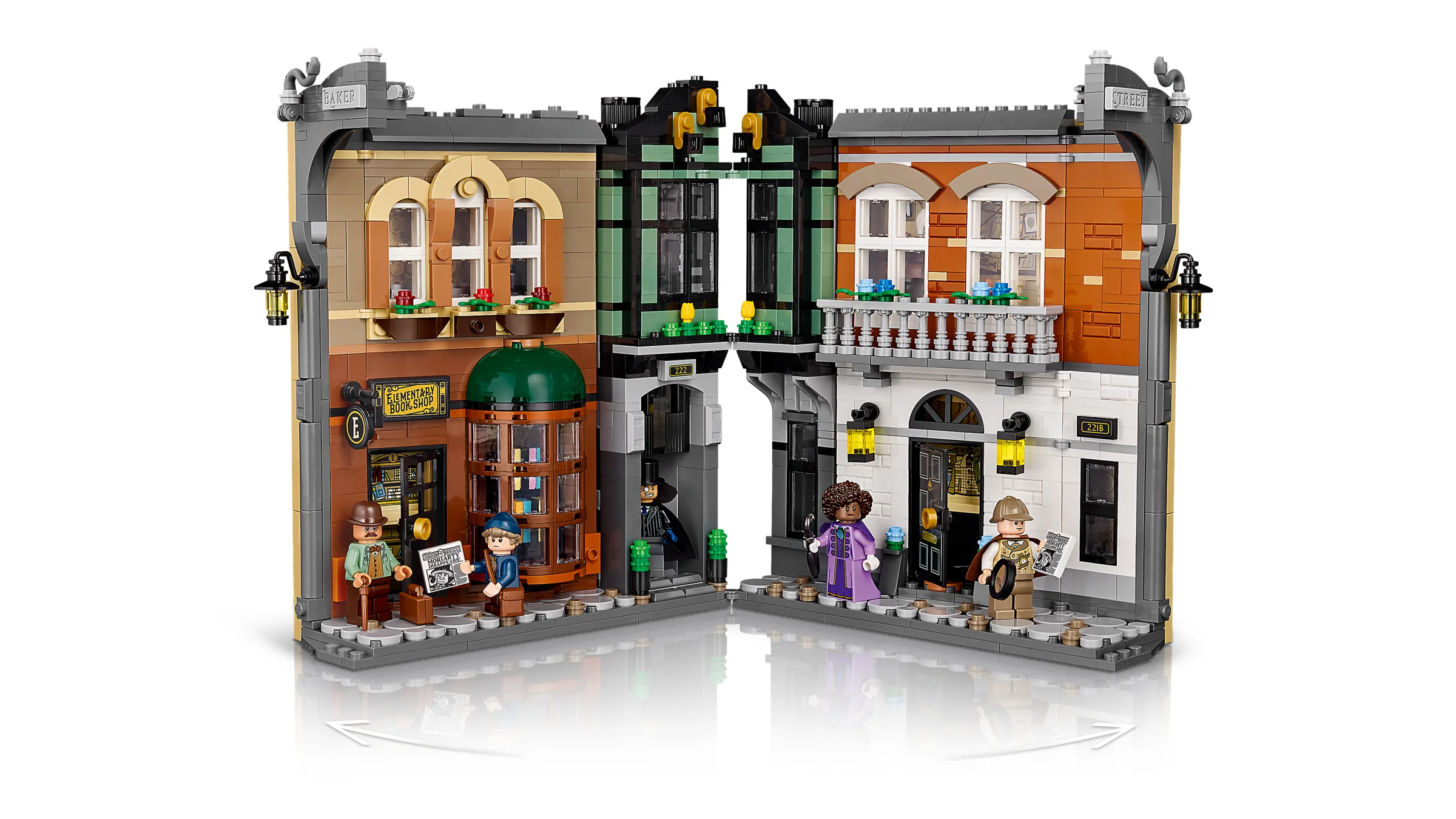 Imagine detaliată a diorama LEGO cu Sherlock Holmes, cu minifigurine și elemente arhitecturale.