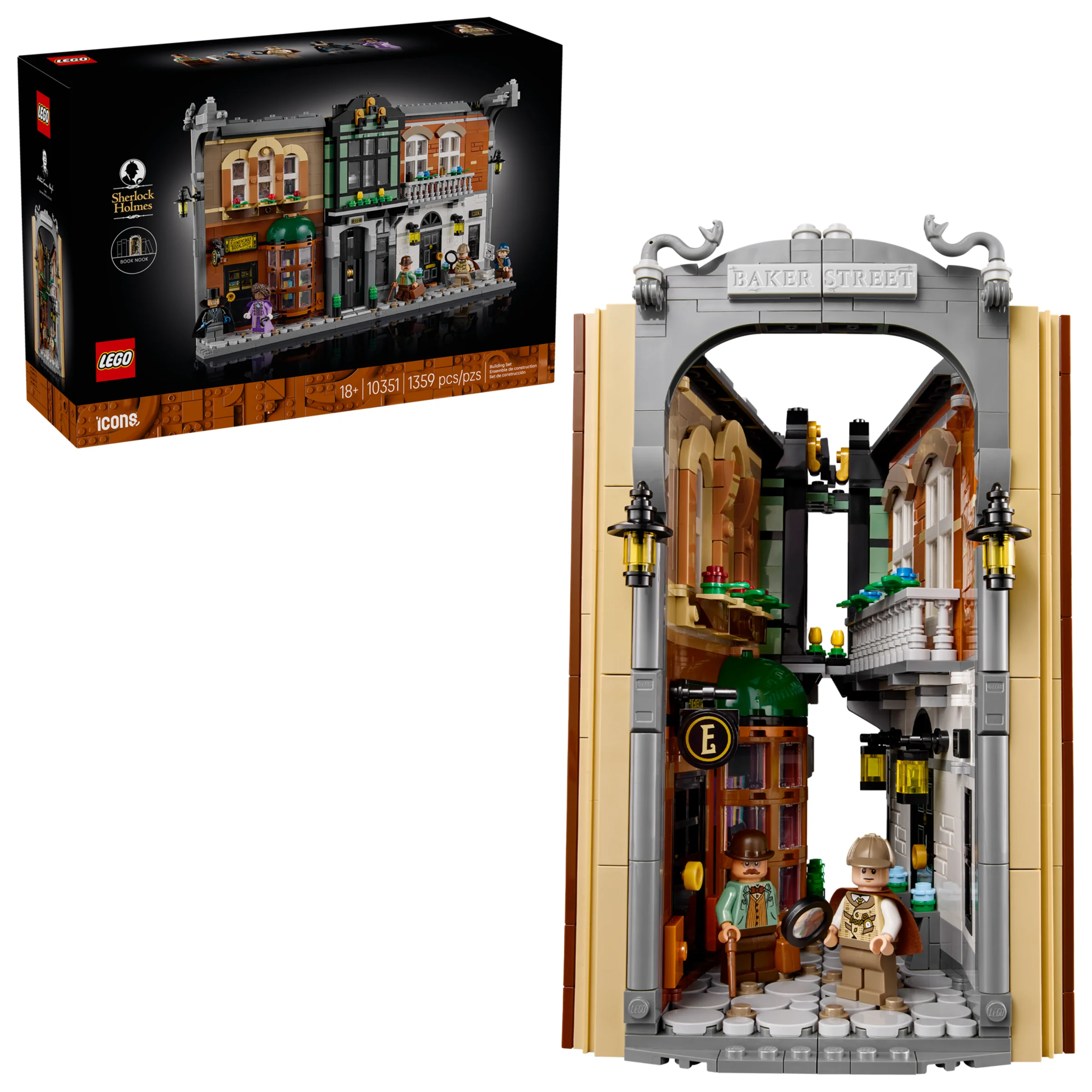 Imagine cu setul LEGO Sherlock Holmes: Book Nook (10351) și cutia acestuia. Detalii arhitecturale și minifigurine.