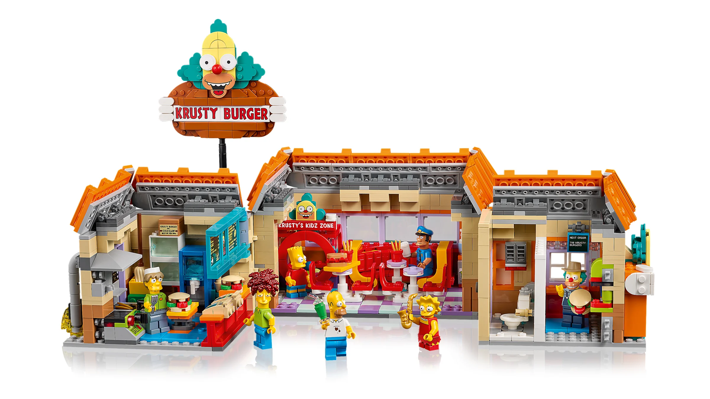 Imagine detaliată a setului LEGO Krusty Burger, cu minifigurinele și interiorul vizibile.