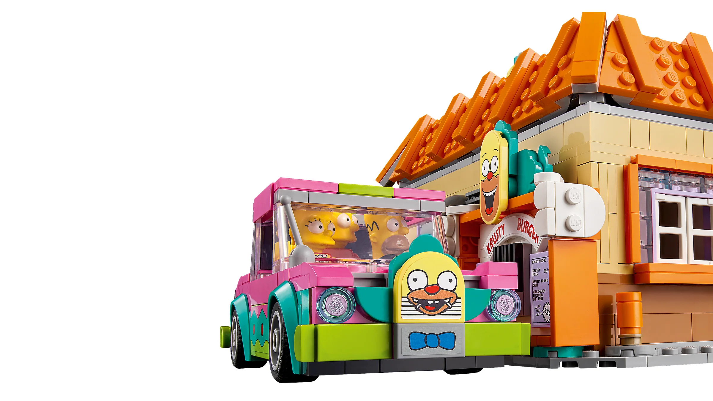 Krusty Burger cu mașină. Magazinul și mașina sunt construite din piese LEGO.